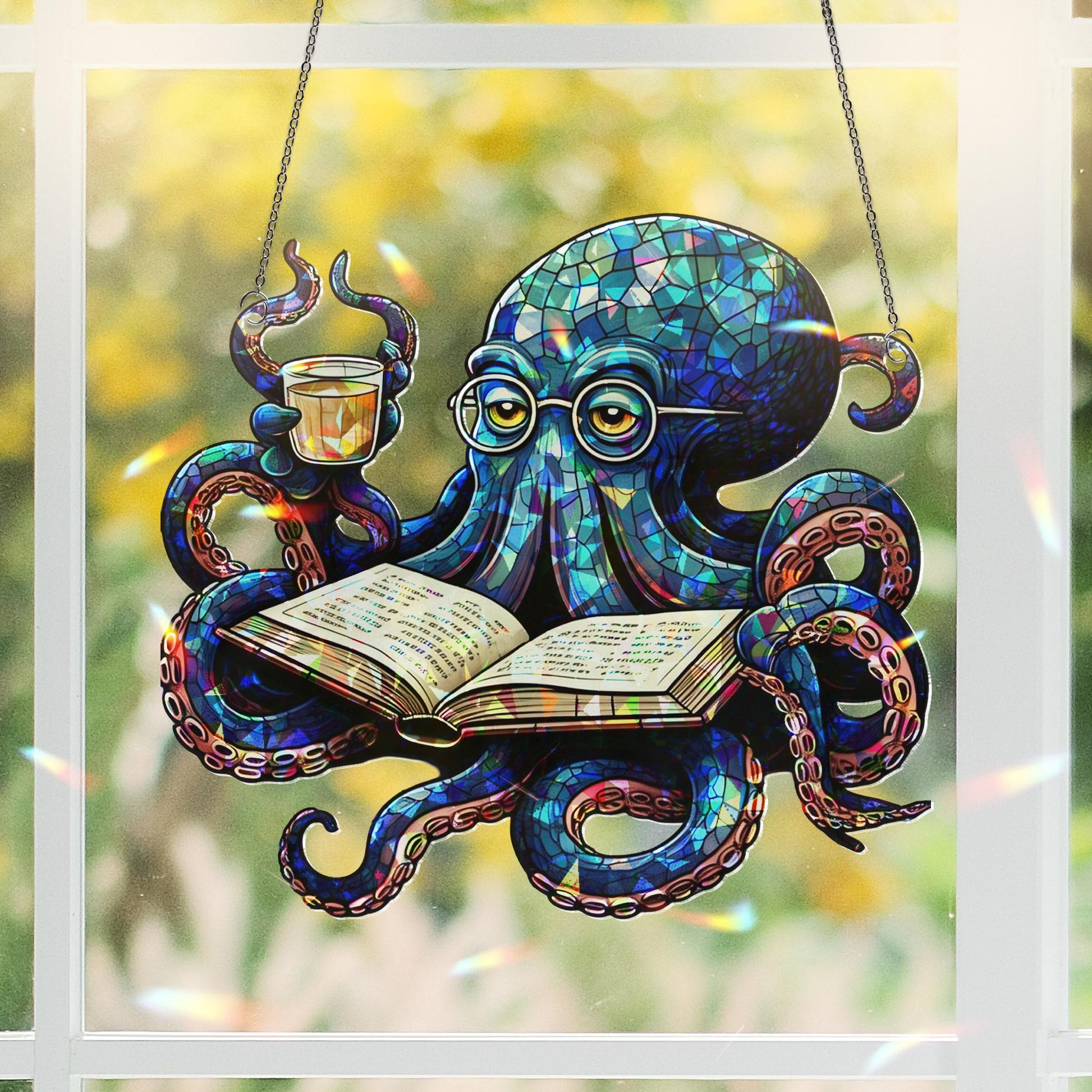 Octopus Reading Book Hologram Acrylic Window Hanging – Whimsical Ocean Decor – Mother's Day Gift for Book Lovers & Sea Enthusiasts