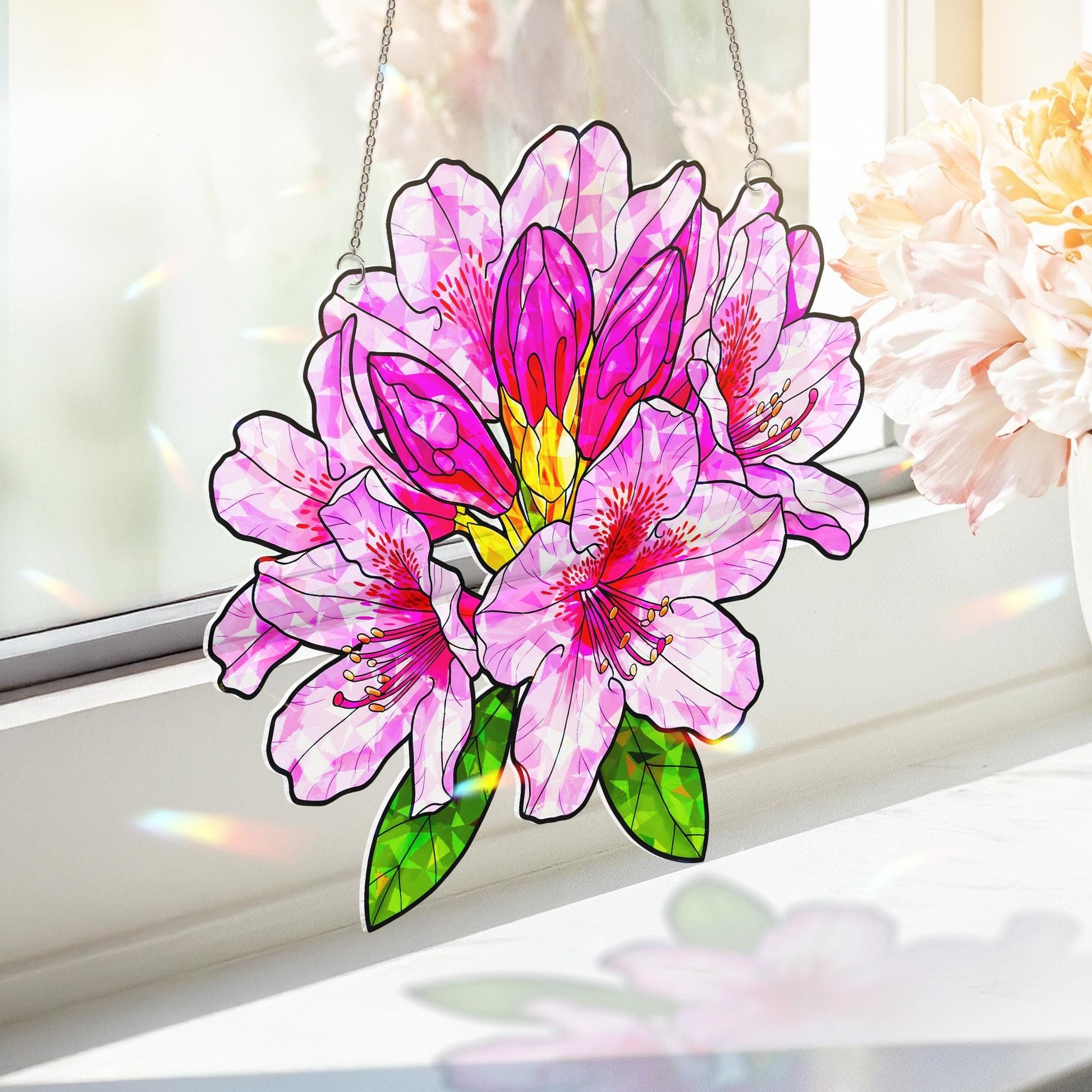 Radiant Rhododendron Bloom Acrylic Window Hanging - Floral Ornament for Home Decor, Botanical Art, Spring Gift, Gift For Mom, Gardener