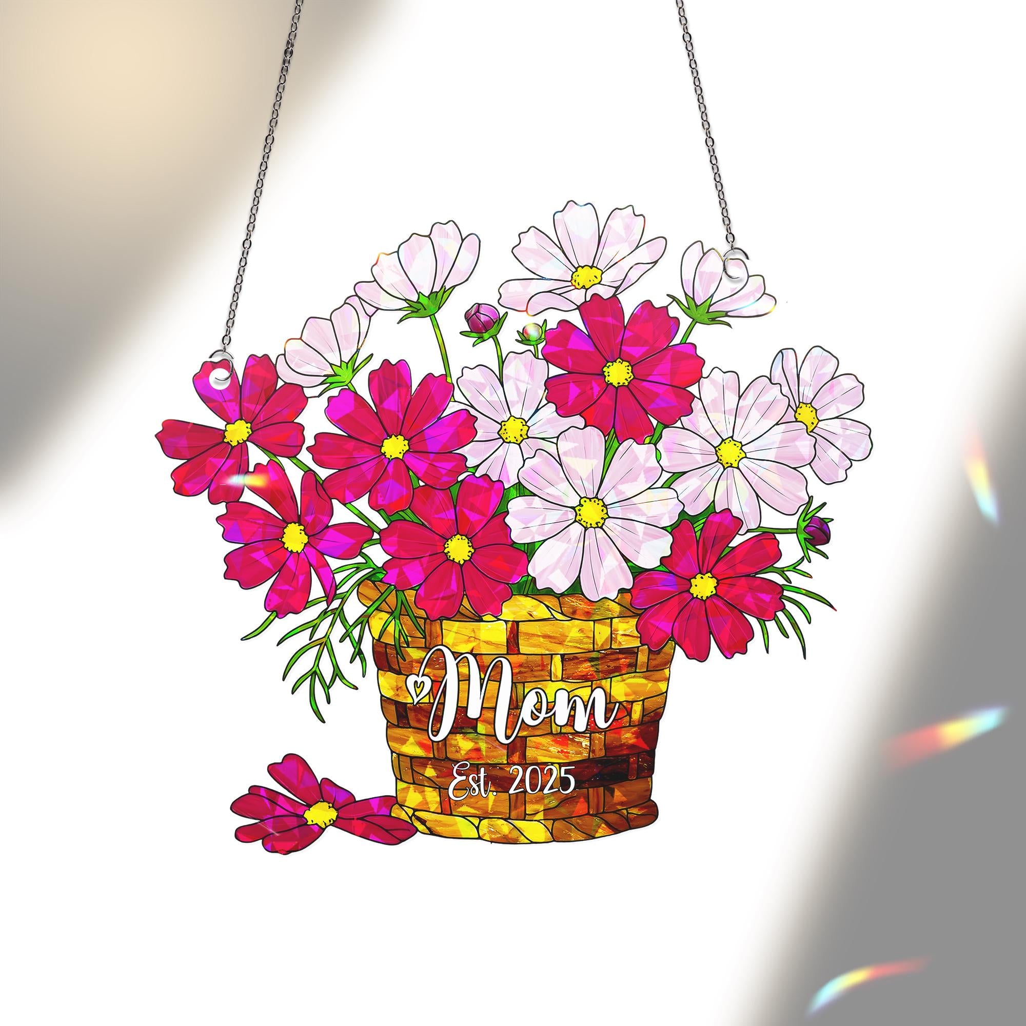 Personalized Mother's Day Flower Basket Ornament - Custom Mom October Birth Acrylic Window Hanging - Unique Floral Gift for Her
