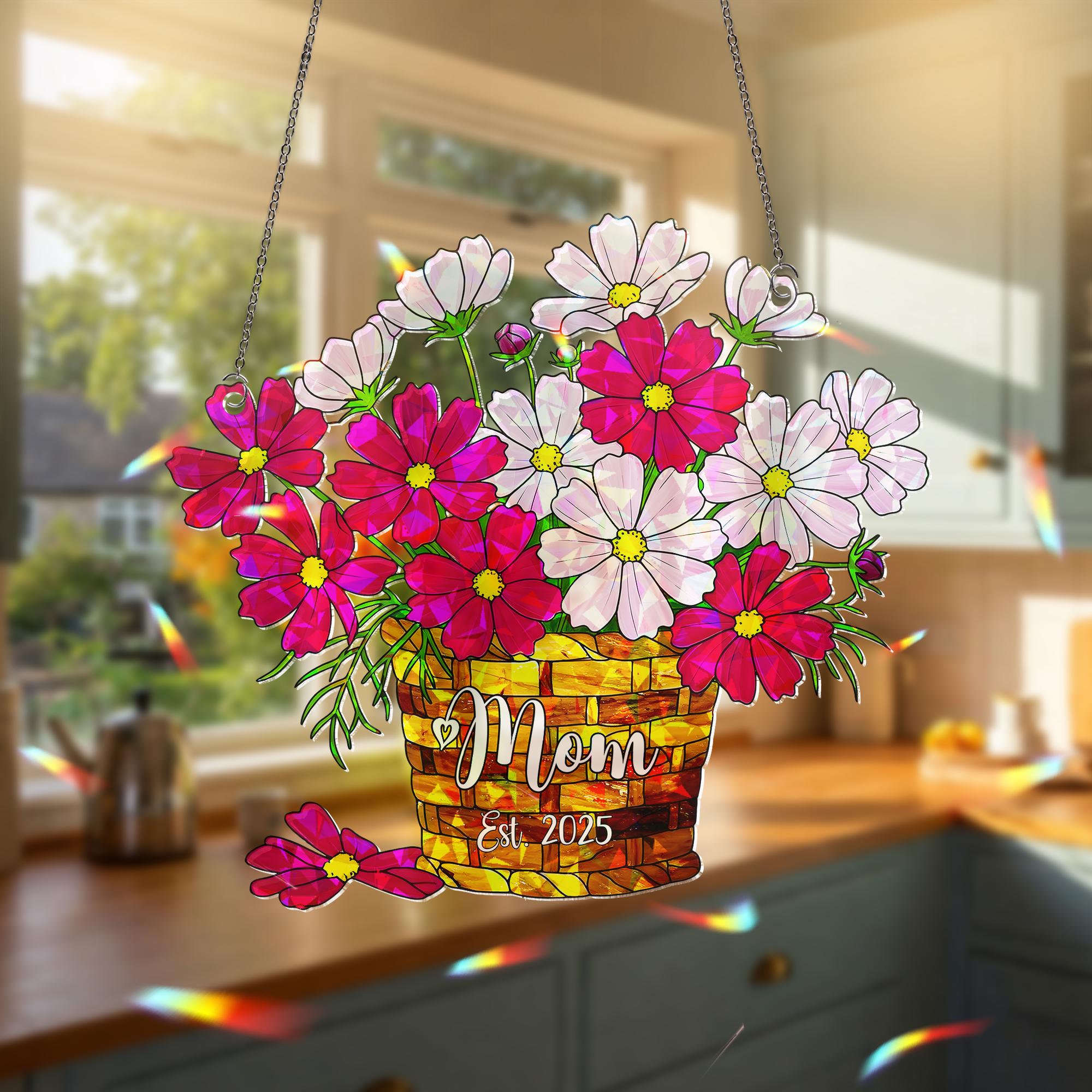 Personalized Mother's Day Flower Basket Ornament - Custom Mom October Birth Acrylic Window Hanging - Unique Floral Gift for Her