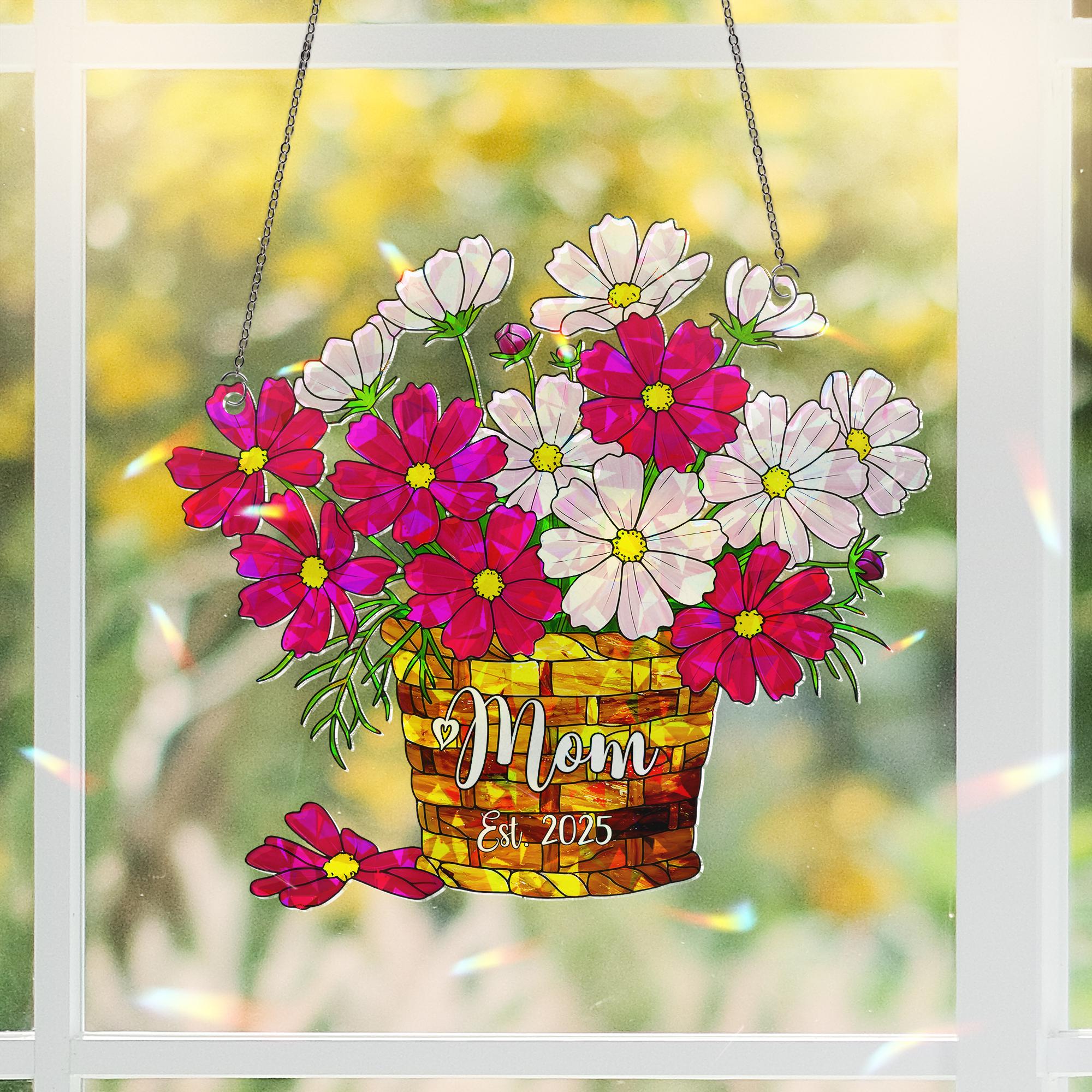 Personalized Mother's Day Flower Basket Ornament - Custom Mom October Birth Acrylic Window Hanging - Unique Floral Gift for Her
