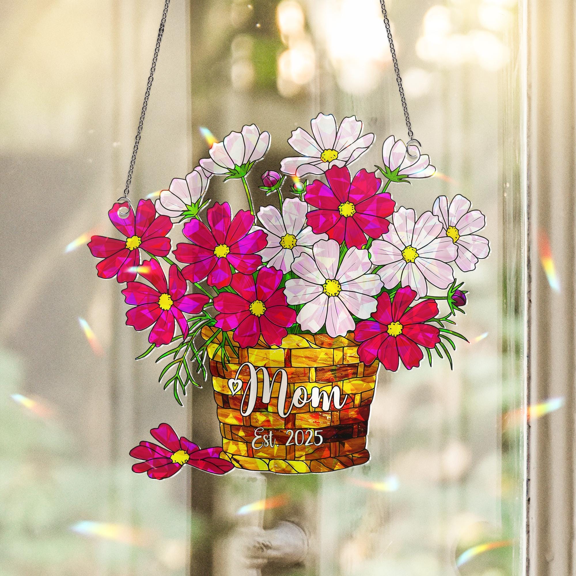 Personalized Mother's Day Flower Basket Ornament - Custom Mom October Birth Acrylic Window Hanging - Unique Floral Gift for Her