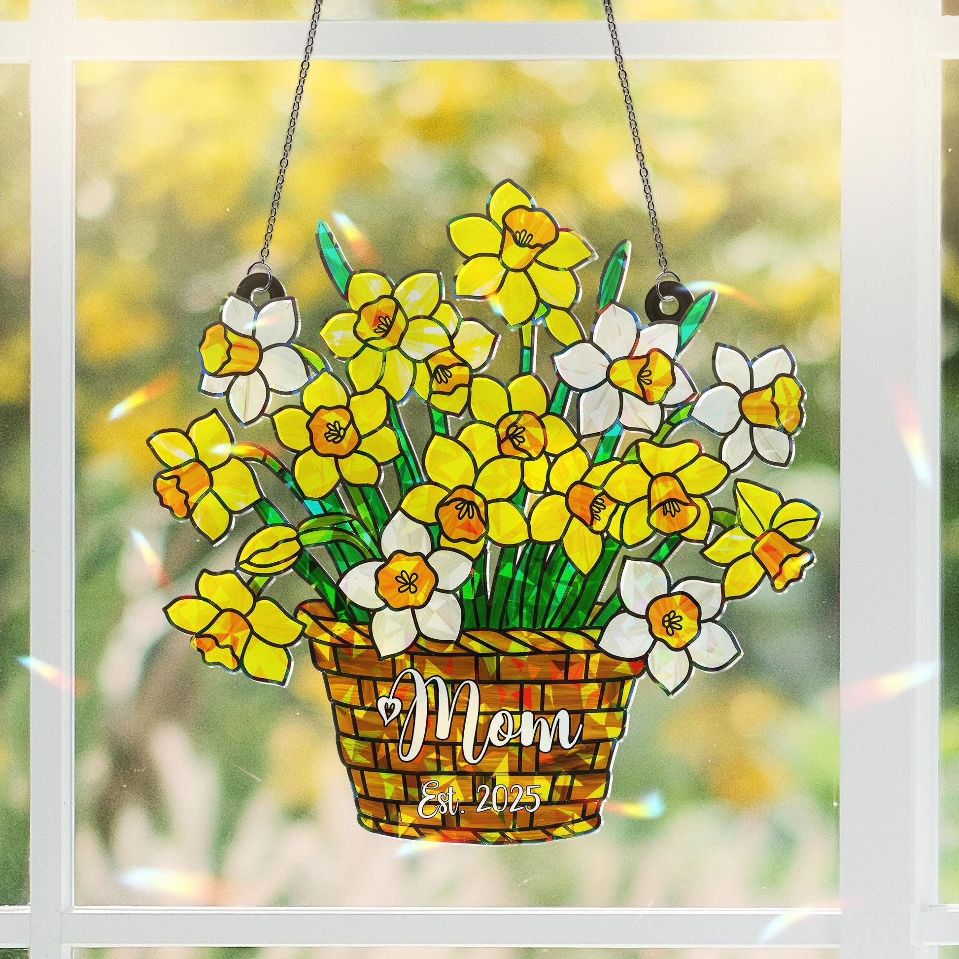 Personalized Daffodil Ornament for Mom Est. 2025 - Vibrant Floral Basket Window Decoration, Custom Mother's Day Gift, December Birth Gift