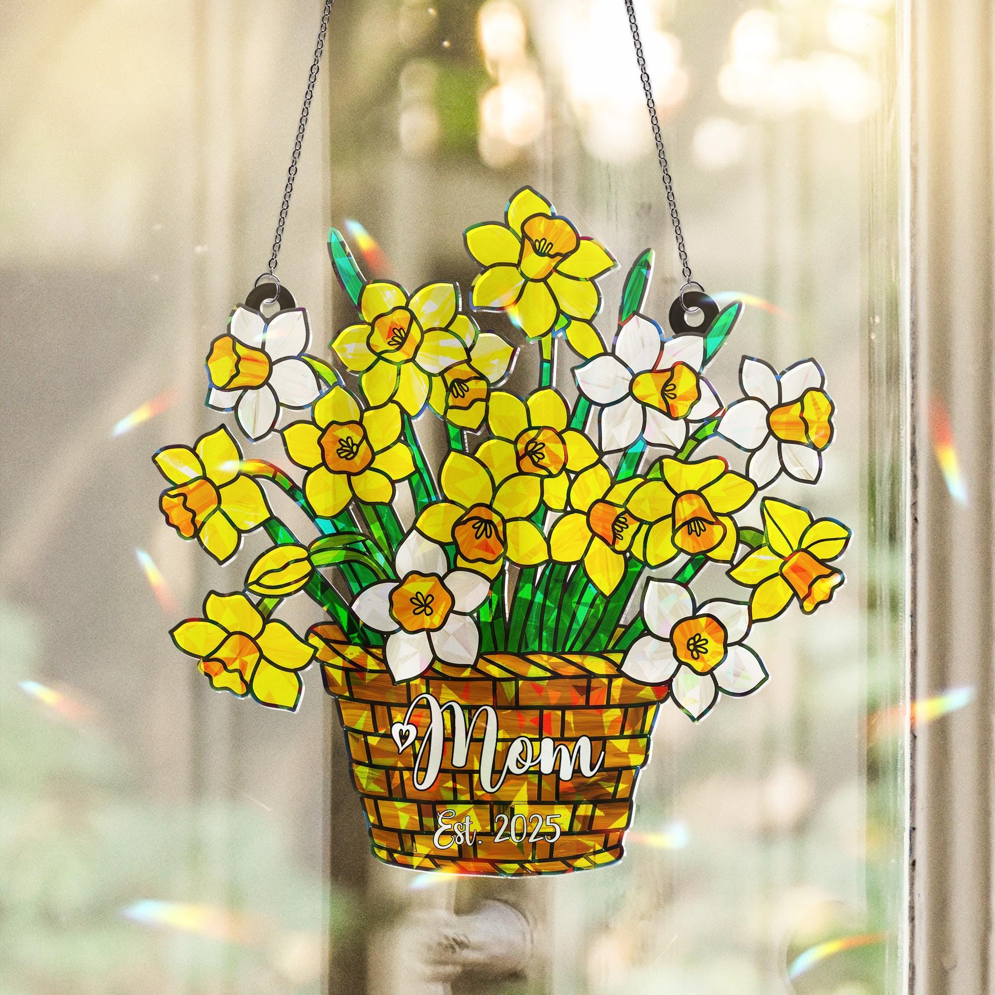 Personalized Daffodil Ornament for Mom Est. 2025 - Vibrant Floral Basket Window Decoration, Custom Mother's Day Gift, December Birth Gift