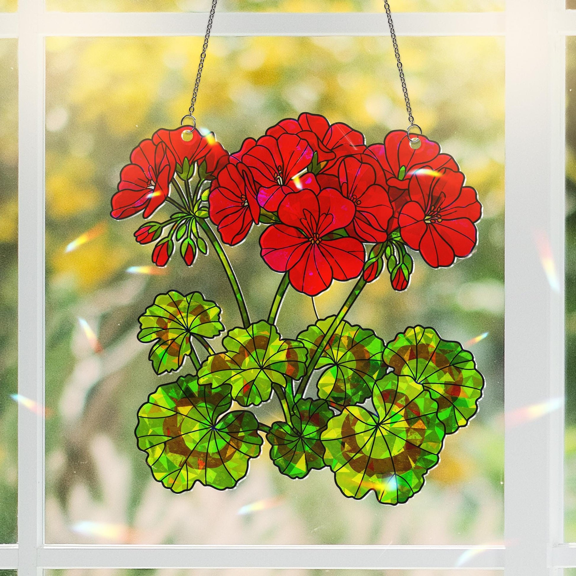 Vibrant Red Geranium Acrylic Window Hanging Ornament, Home Decor, Floral Garden Lover Gift, Unique Botanical Art, Gift For Mom, Her