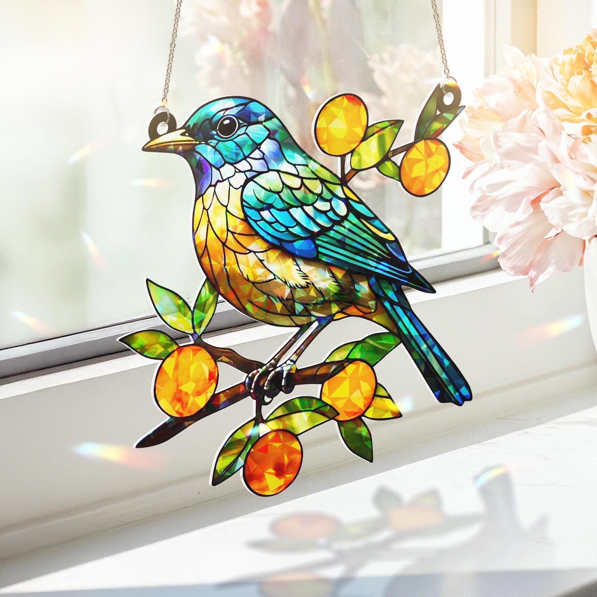 Bluebird with Orange Branches Hologram Acrylic Window Hanging – Mother's Day Gift – Vibrant Bird Decor for Nature Lovers