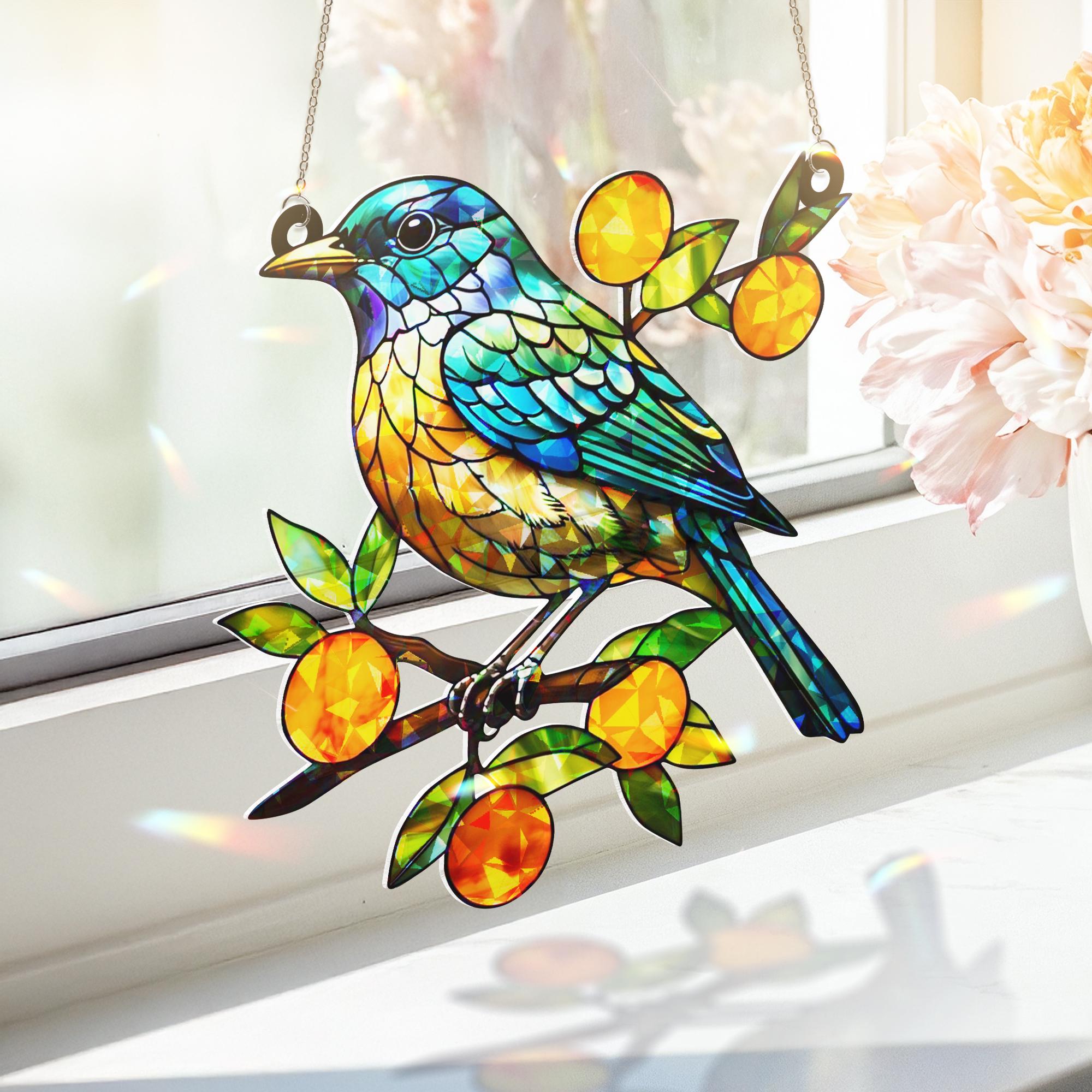Bluebird with Orange Branches Hologram Acrylic Window Hanging – Mother's Day Gift – Vibrant Bird Decor for Nature Lovers