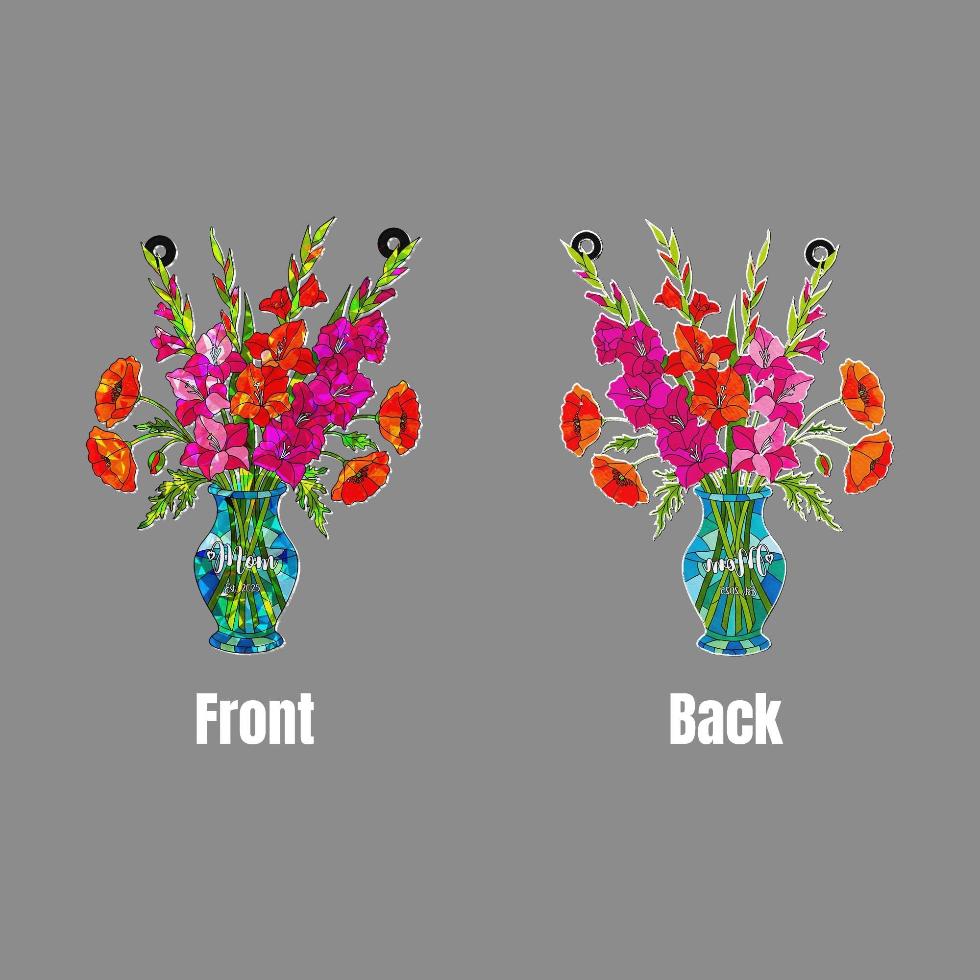 Personalized Gladiolus & Poppy August Birth Flower Acrylic Window Hanging Ornament, Mom Gift Rainbow Maker Decor, Custom Gift For Her, Mom