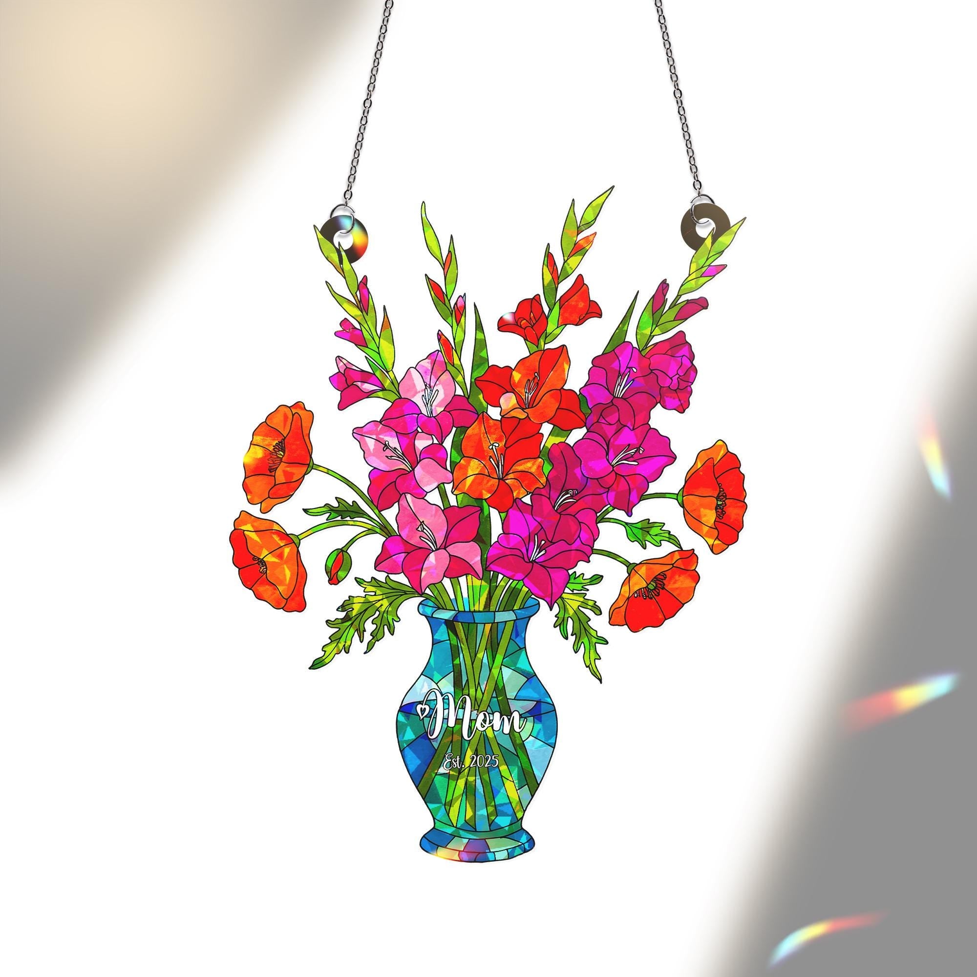 Personalized Gladiolus & Poppy August Birth Flower Acrylic Window Hanging Ornament, Mom Gift Rainbow Maker Decor, Custom Gift For Her, Mom