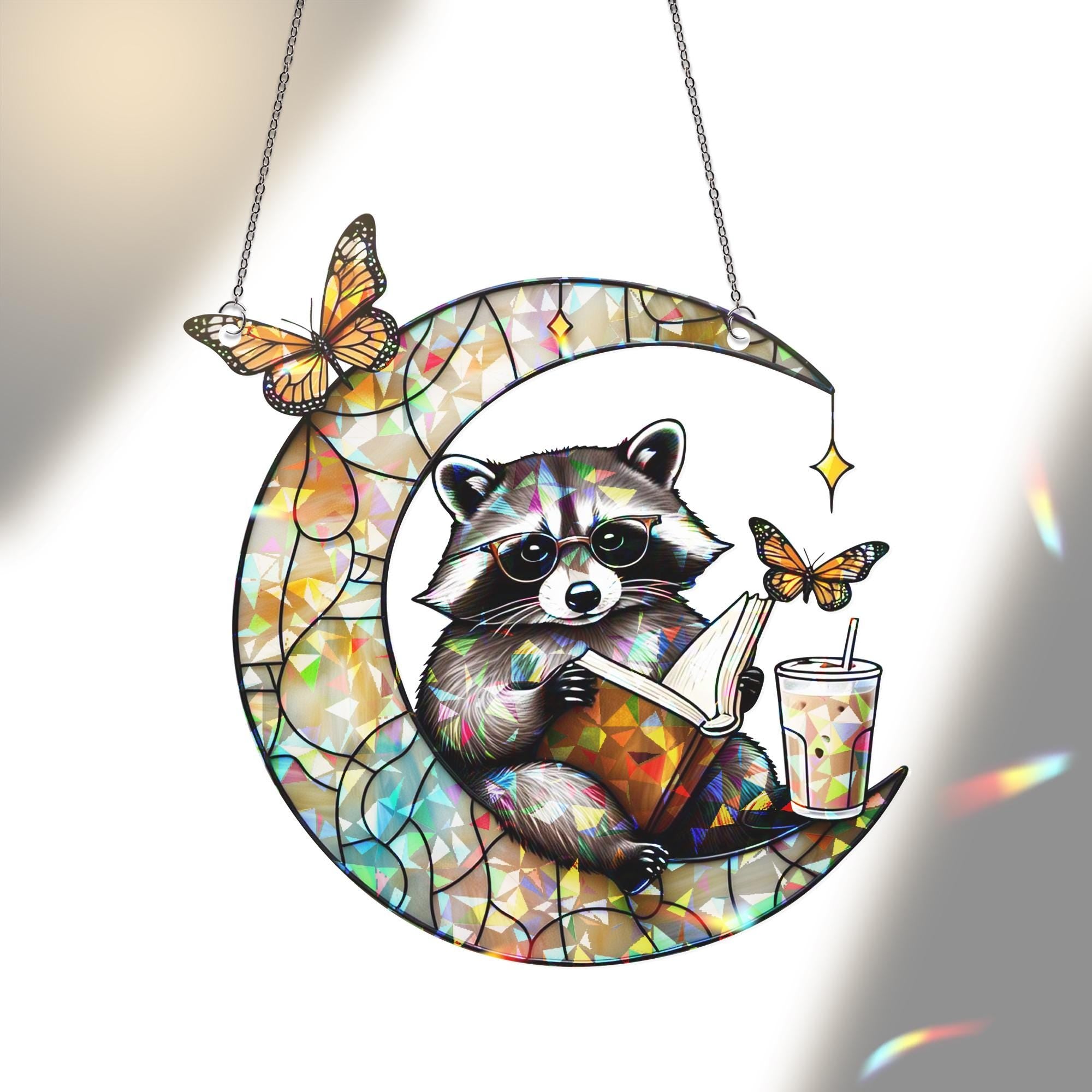 Raccoon Reading on Crescent Moon Hologram Acrylic Window Hanging – Mother's Day Gift – Whimsical Book Lover Decor