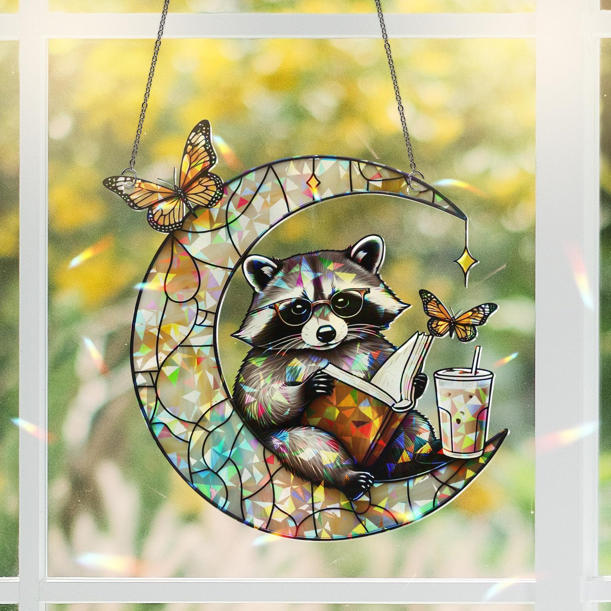 Raccoon Reading on Crescent Moon Hologram Acrylic Window Hanging – Mother's Day Gift – Whimsical Book Lover Decor