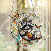 Raccoon Reading on Crescent Moon Hologram Acrylic Window Hanging – Mother's Day Gift – Whimsical Book Lover Decor