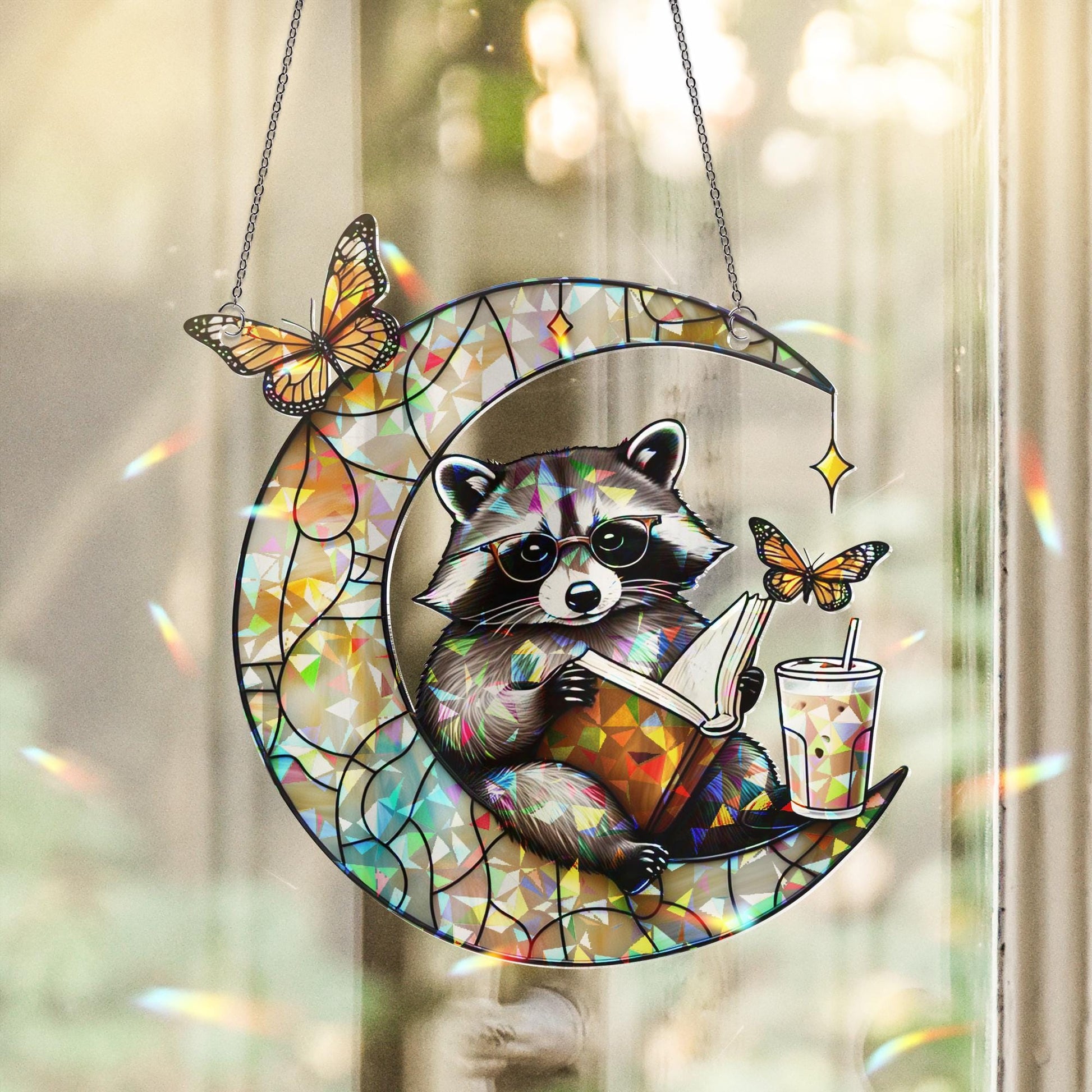Raccoon Reading on Crescent Moon Hologram Acrylic Window Hanging – Mother's Day Gift – Whimsical Book Lover Decor