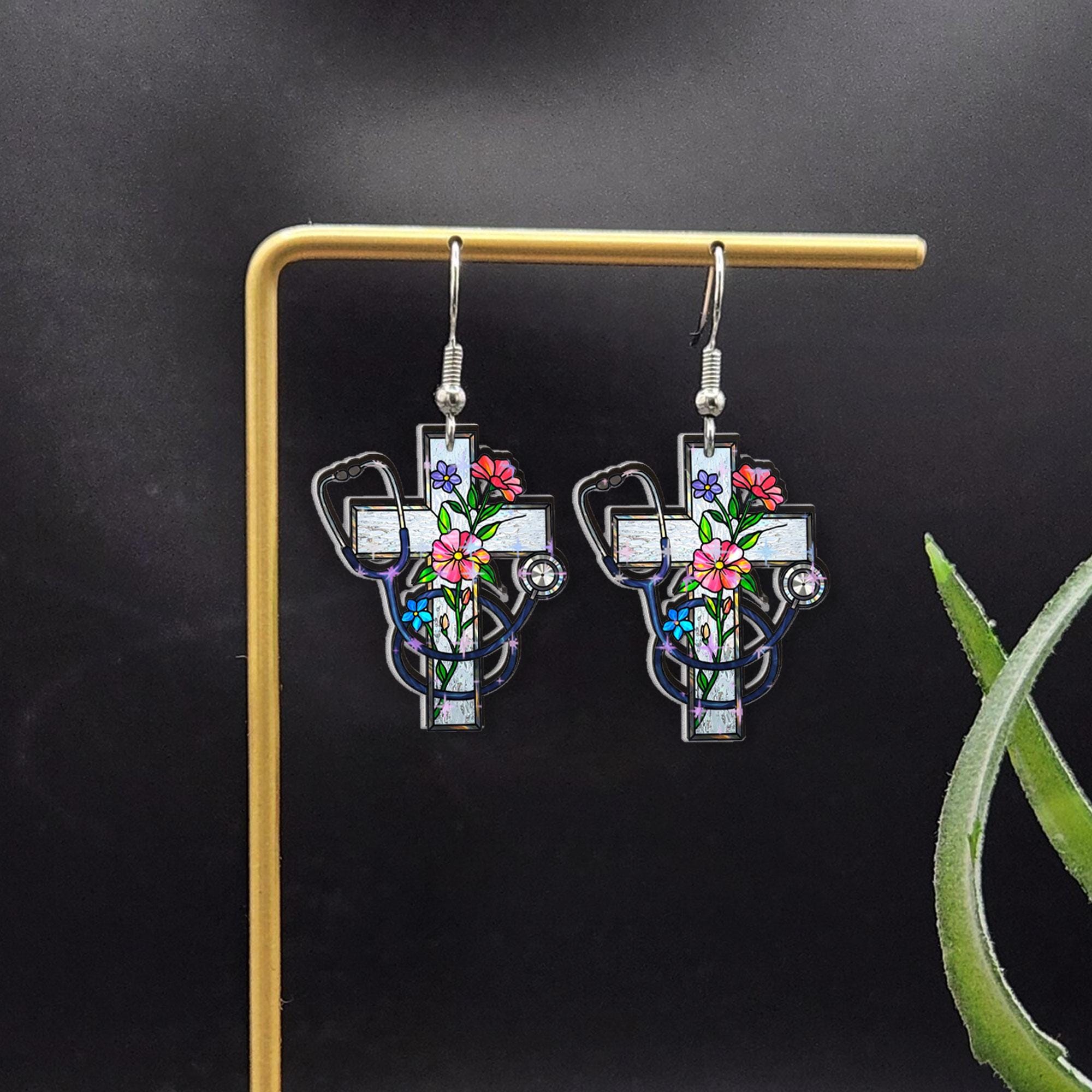 Floral Cross Nurse Earrings – Mother's Day Gift – Elegant Medical Jewelry for Nurses – Healthcare Worker Appreciation Gift