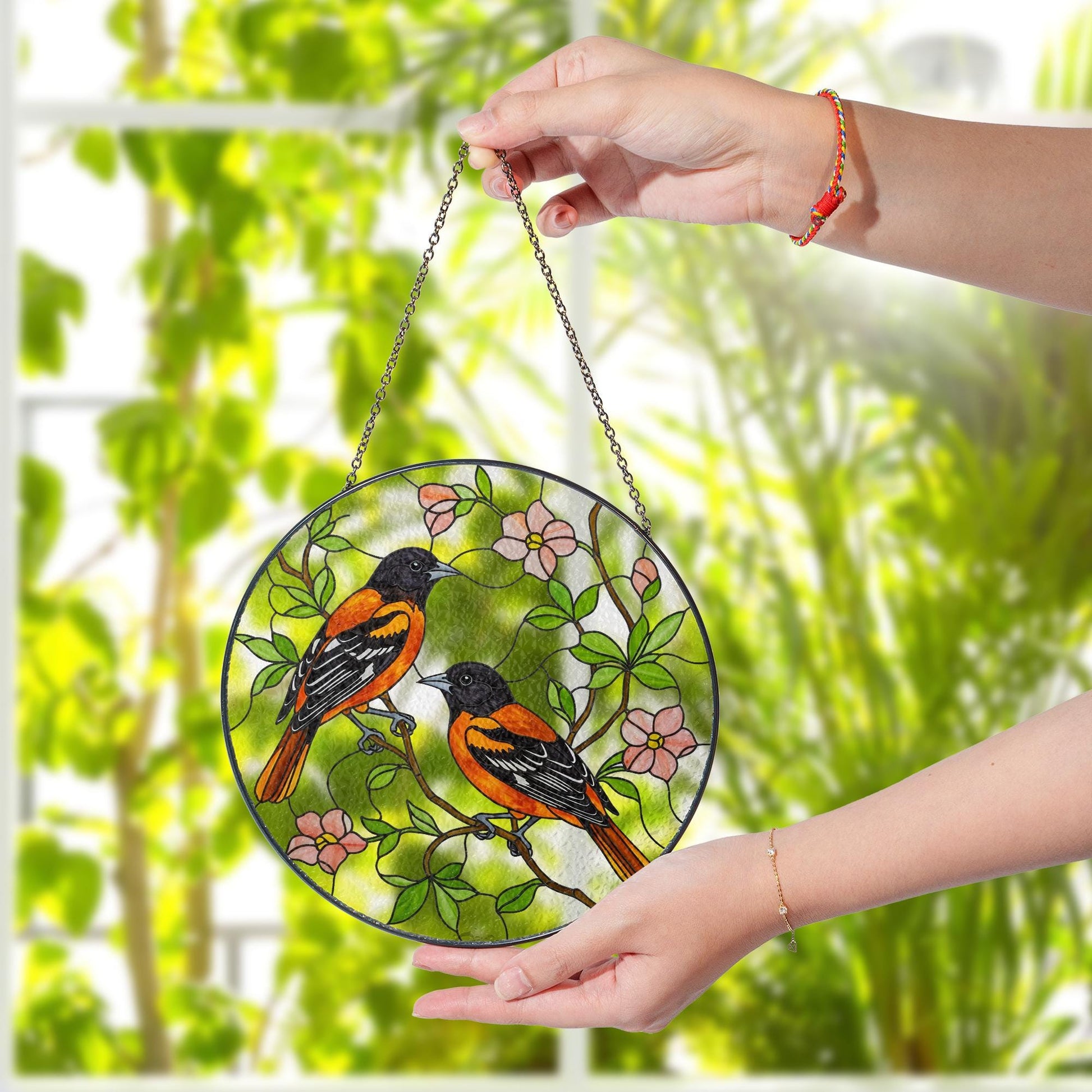 Baltimore Orioles and Trailing Flowering Vines Glass Suncatcher – Glass Window Hanging Gift for Bird Lovers, Garden and Nature Decor