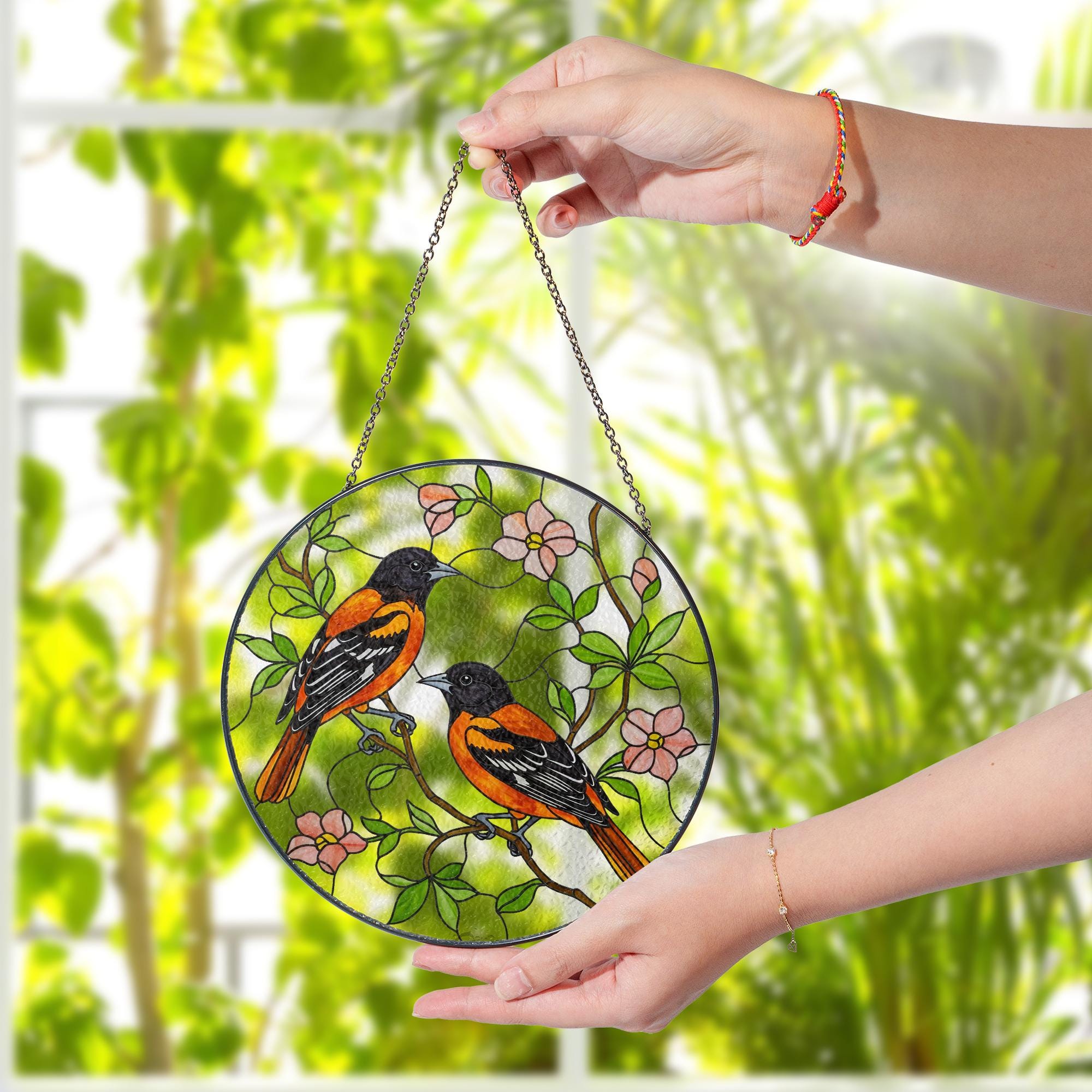 Baltimore Orioles and Trailing Flowering Vines Glass Suncatcher – Glass Window Hanging Gift for Bird Lovers, Garden and Nature Decor