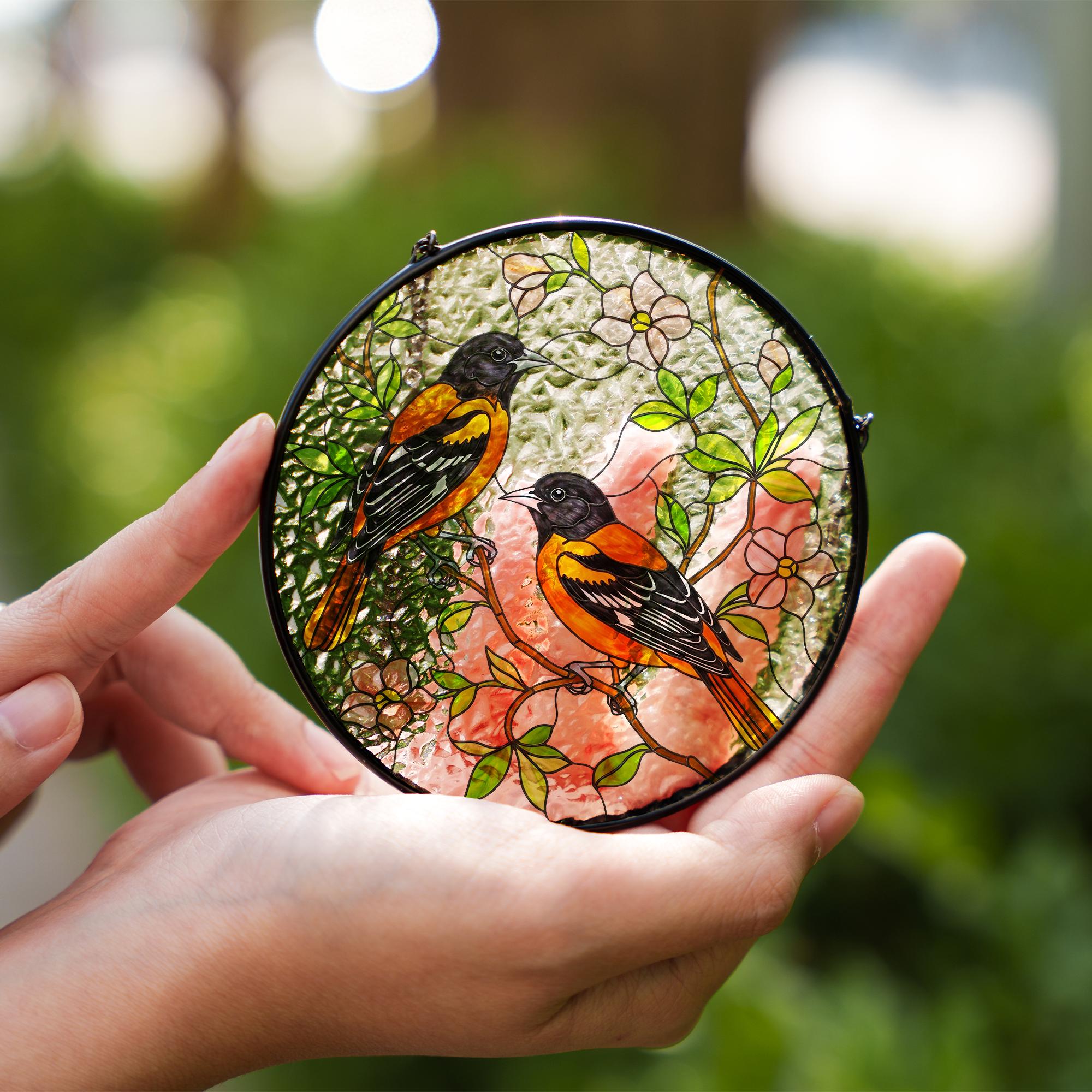 Baltimore Orioles and Trailing Flowering Vines Glass Suncatcher – Glass Window Hanging Gift for Bird Lovers, Garden and Nature Decor