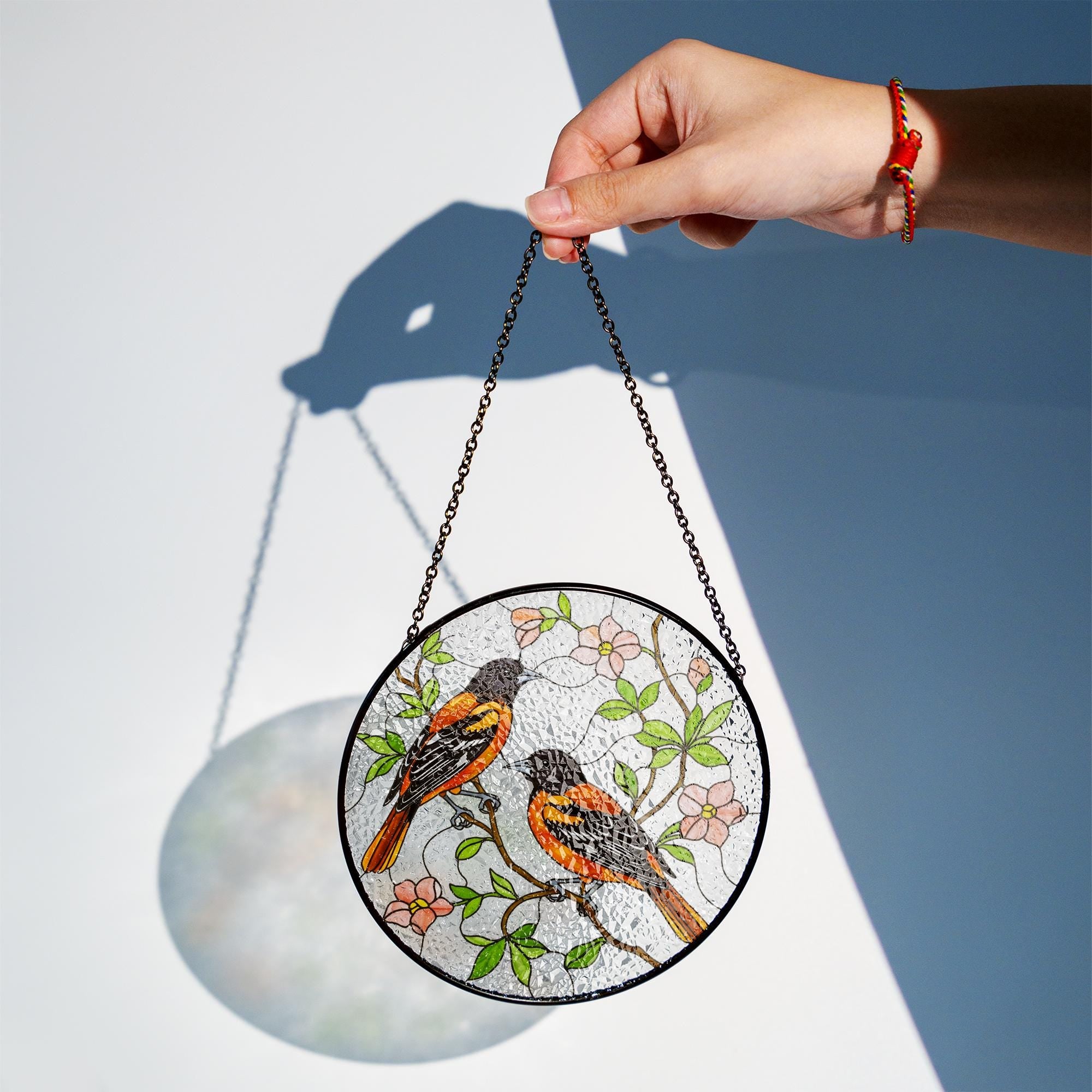 Baltimore Orioles and Trailing Flowering Vines Glass Suncatcher – Glass Window Hanging Gift for Bird Lovers, Garden and Nature Decor
