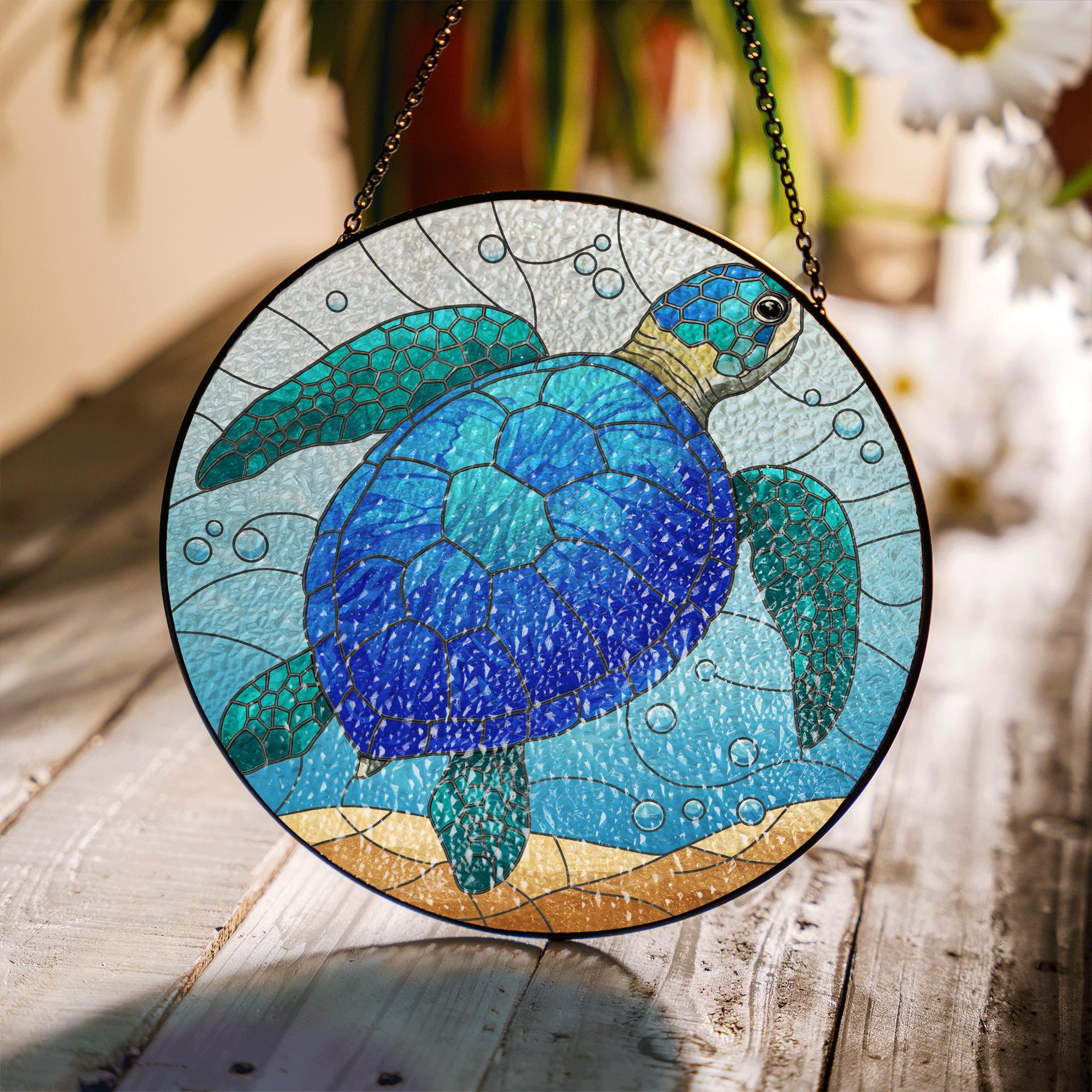 Sea Turtle Glass Suncatcher – Ocean-Inspired Stained Glass Decor for Window or Wall – Marine Life Gift for Beach & Coastal Lovers