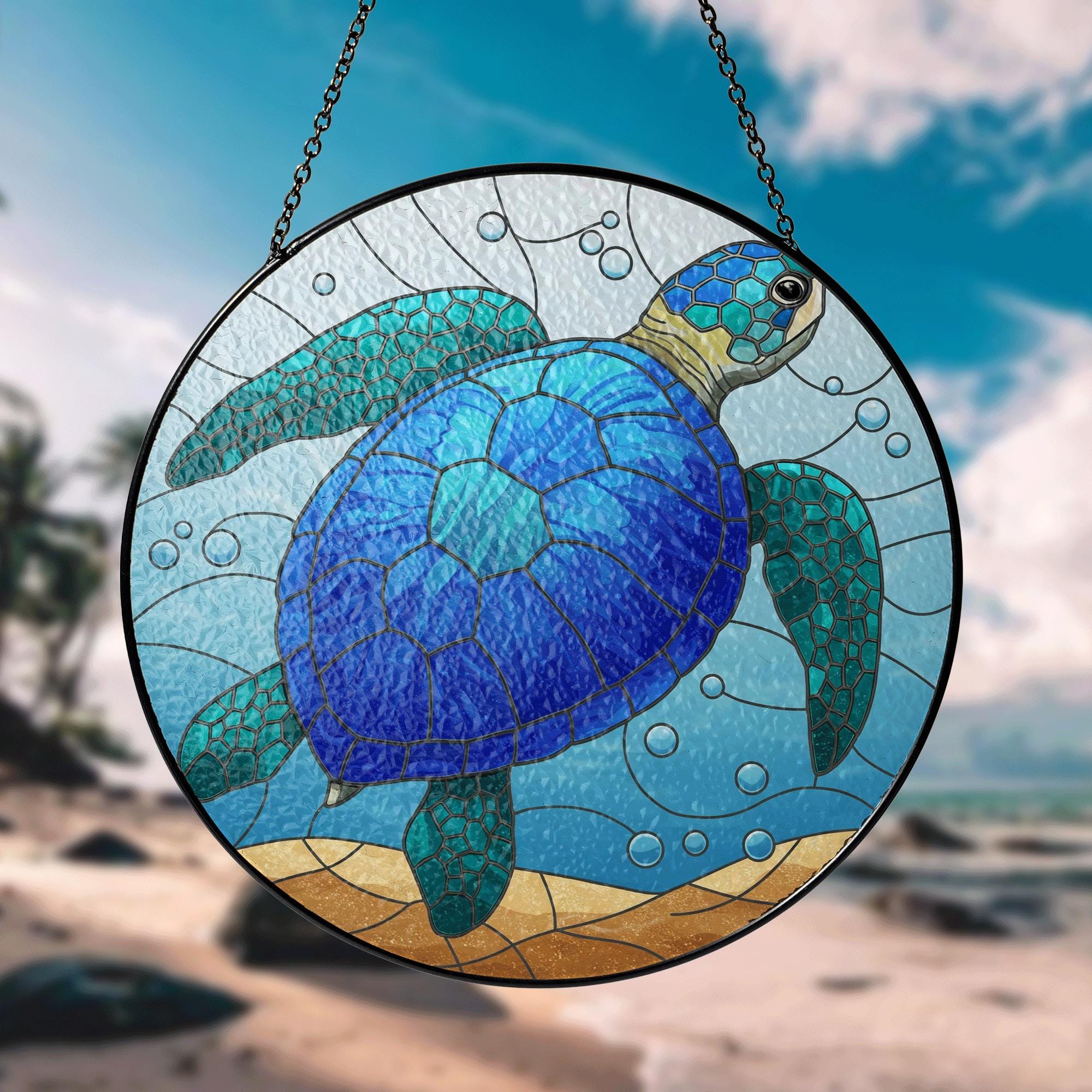 Sea Turtle Glass Suncatcher – Ocean-Inspired Stained Glass Decor for Window or Wall – Marine Life Gift for Beach & Coastal Lovers