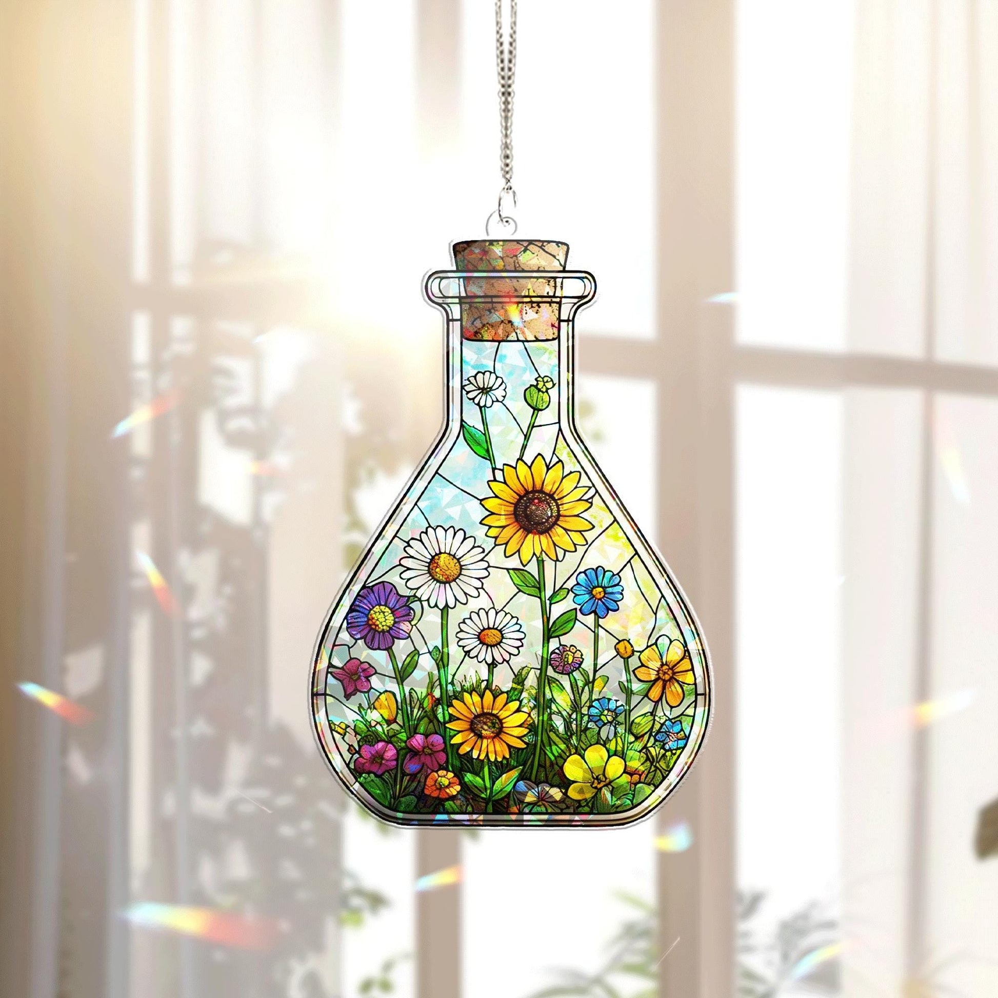 Flower Potion Bottle Hologram Acrylic Window Hanging – Nature Lovers, Gardeners, and Boho Home Decor, Science Window Hanging, Lab Decor