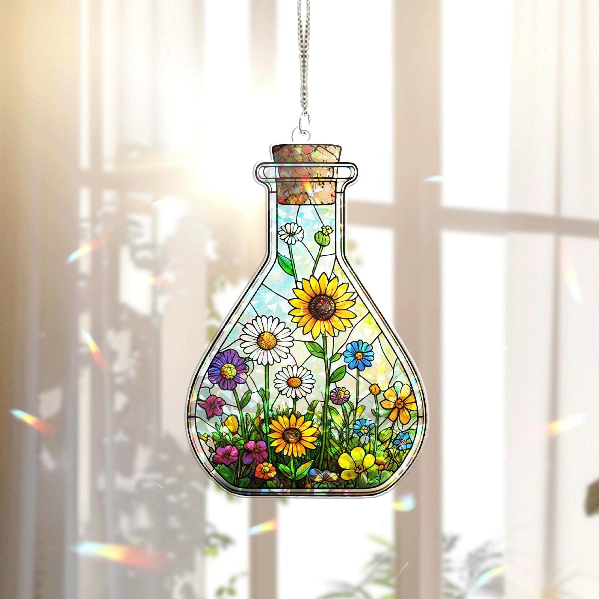 Flower Potion Bottle Hologram Acrylic Window Hanging – Nature Lovers, Gardeners, and Boho Home Decor, Science Window Hanging, Lab Decor