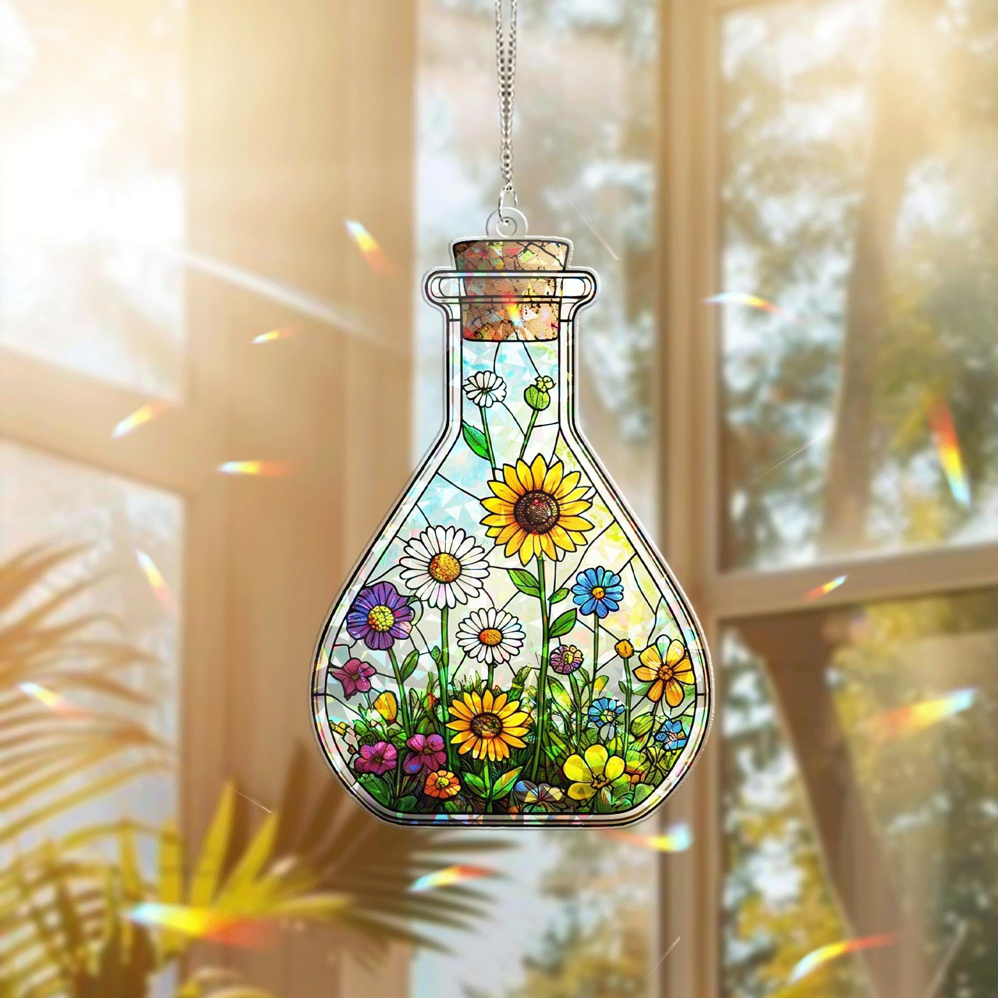 Flower Potion Bottle Hologram Acrylic Window Hanging – Nature Lovers, Gardeners, and Boho Home Decor, Science Window Hanging, Lab Decor