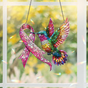Breast Cancer Awareness Hummingbird Suncatcher – Pink Ribbon Holographic Acrylic Window Decor, Survivor Gift, Inspirational Sun Catcher