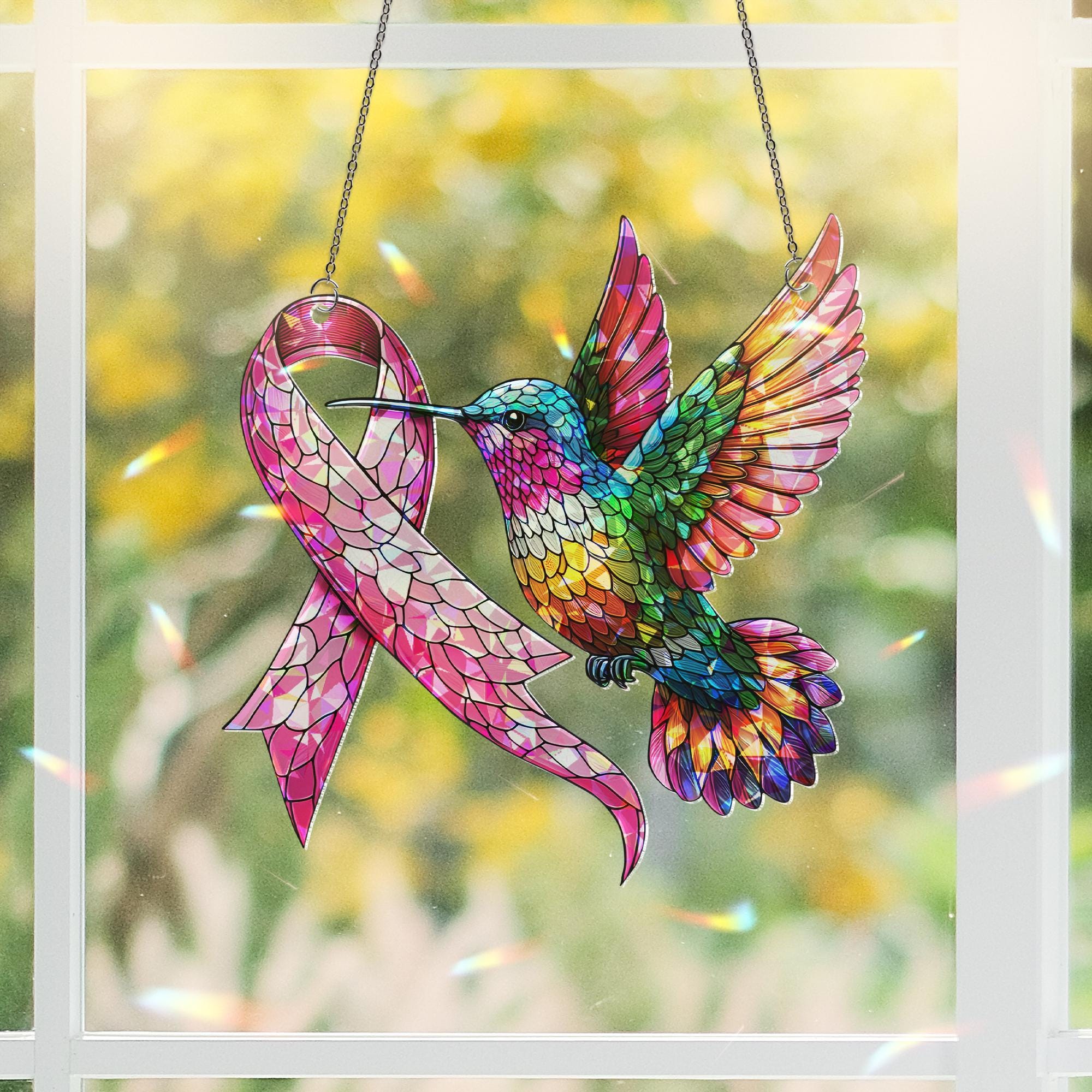 Breast Cancer Awareness Hummingbird Suncatcher – Pink Ribbon Holographic Acrylic Window Decor, Survivor Gift, Inspirational Sun Catcher
