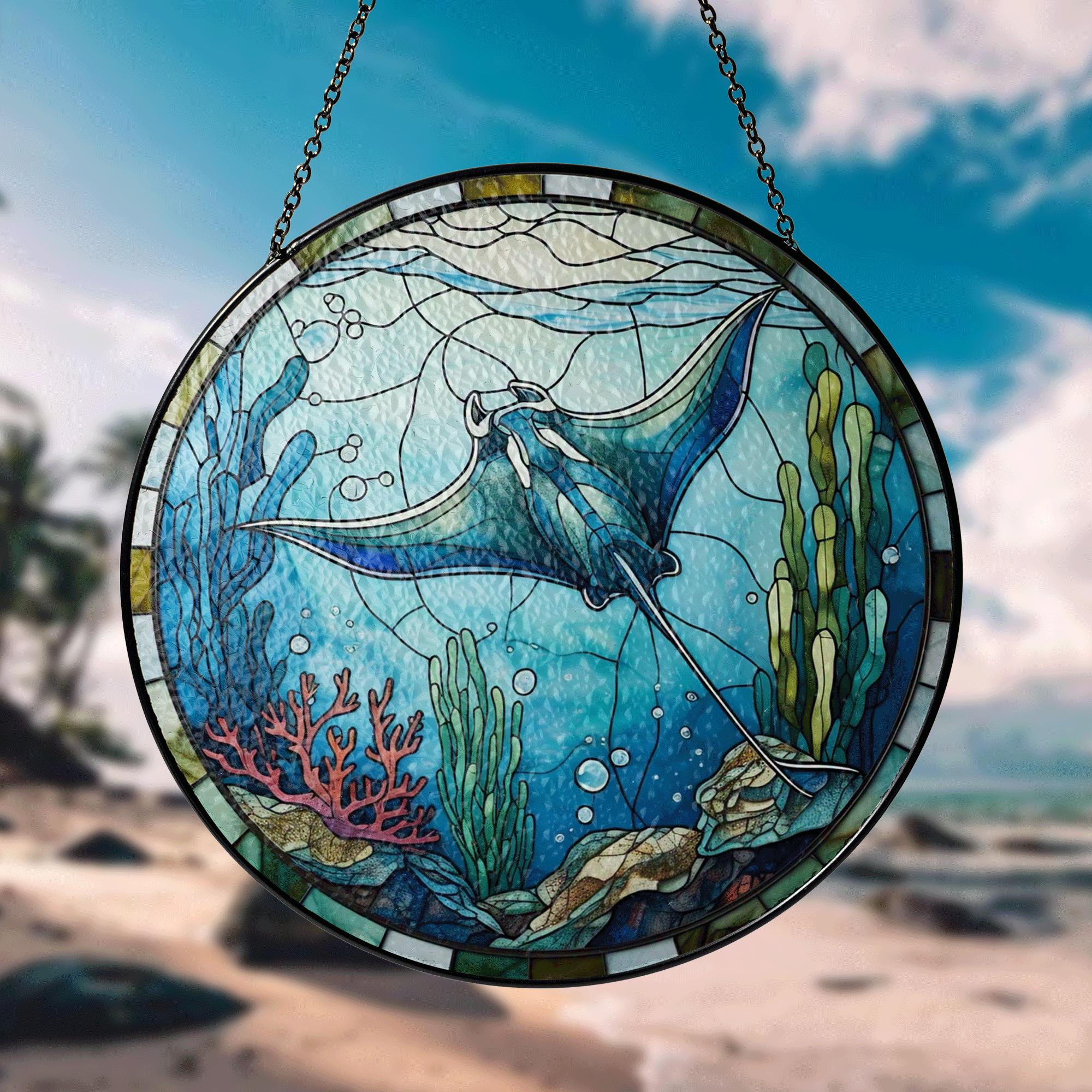 Ocean Manta Ray Glass Suncatcher – Underwater Coral Reef Window Hanging Decor – Sea Life Stained Glass Style Marine Art Panel