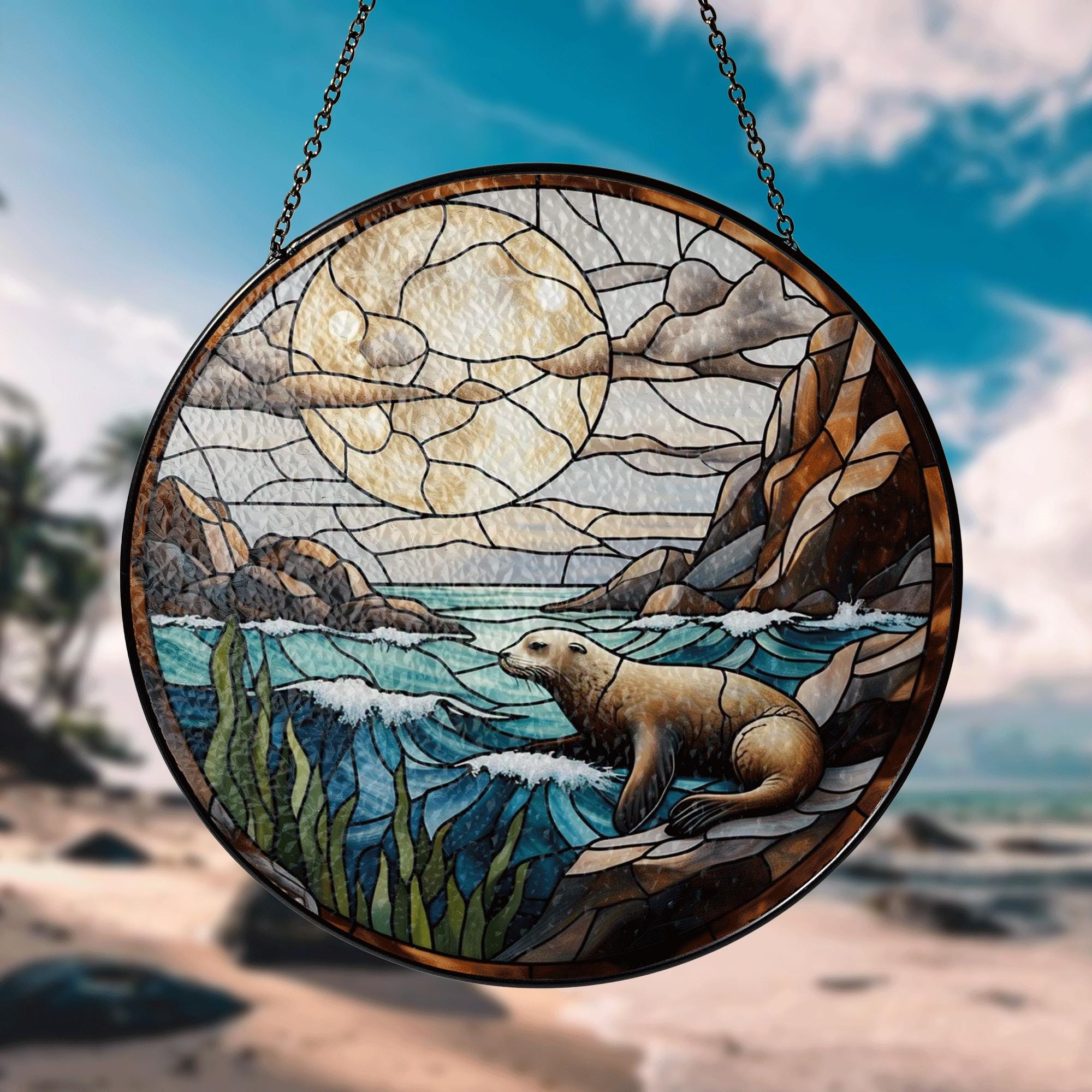 Sea Lion Stained Glass Suncatcher – Ocean Wildlife Window Hanging, Marine Animal Decor for Beach Homes & Nautical Gifts