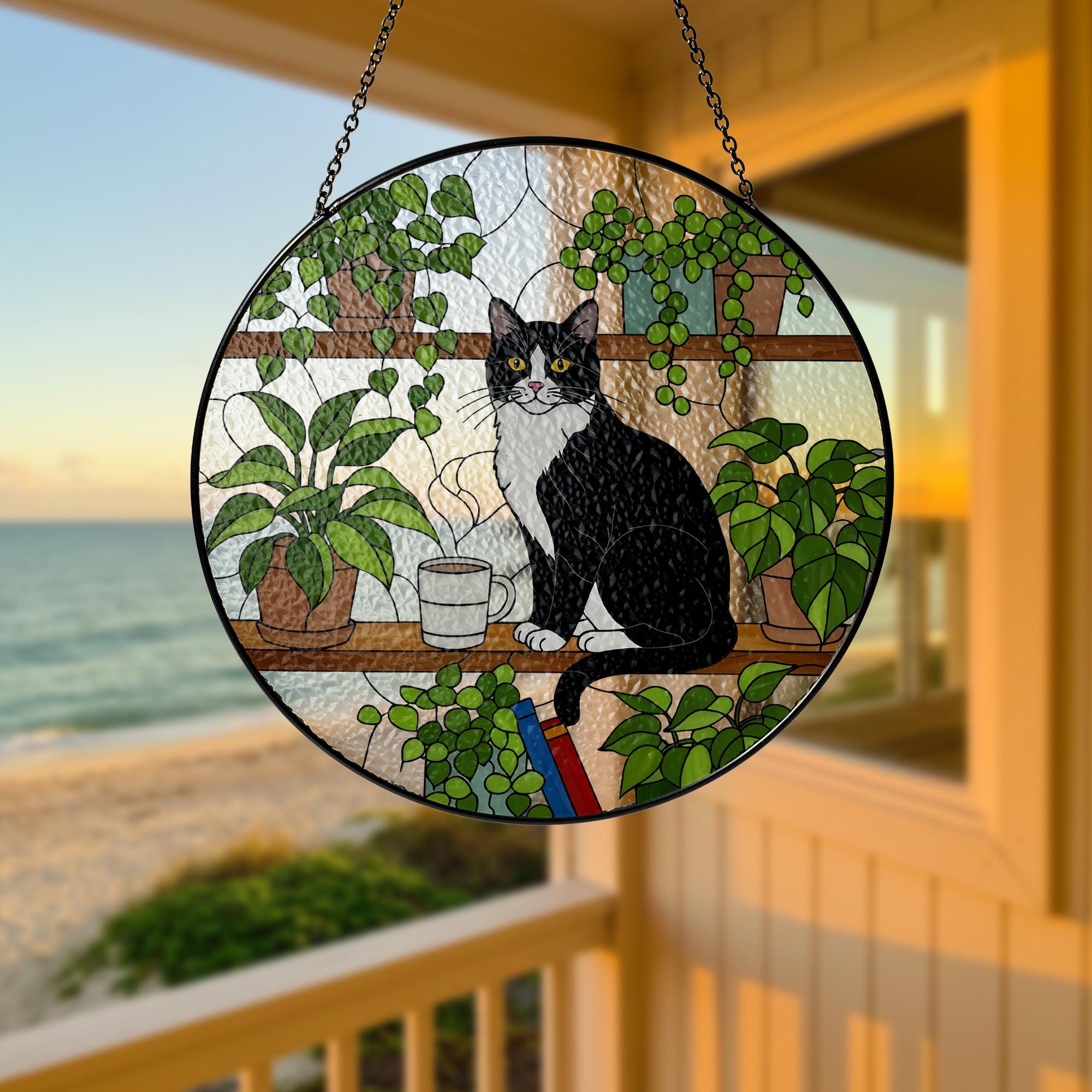 Tuxedo Cat GLASS Suncatcher, Tuxedo Cat Sitting On Bookshelf Decor, Window Hanging with Houseplants, Cat Lover Gift, Glass Art Decor