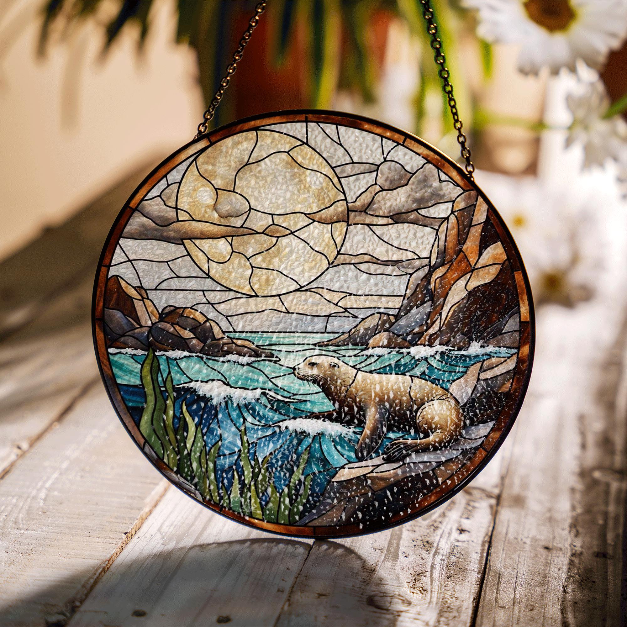 Sea Lion Stained Glass Suncatcher – Ocean Wildlife Window Hanging, Marine Animal Decor for Beach Homes & Nautical Gifts