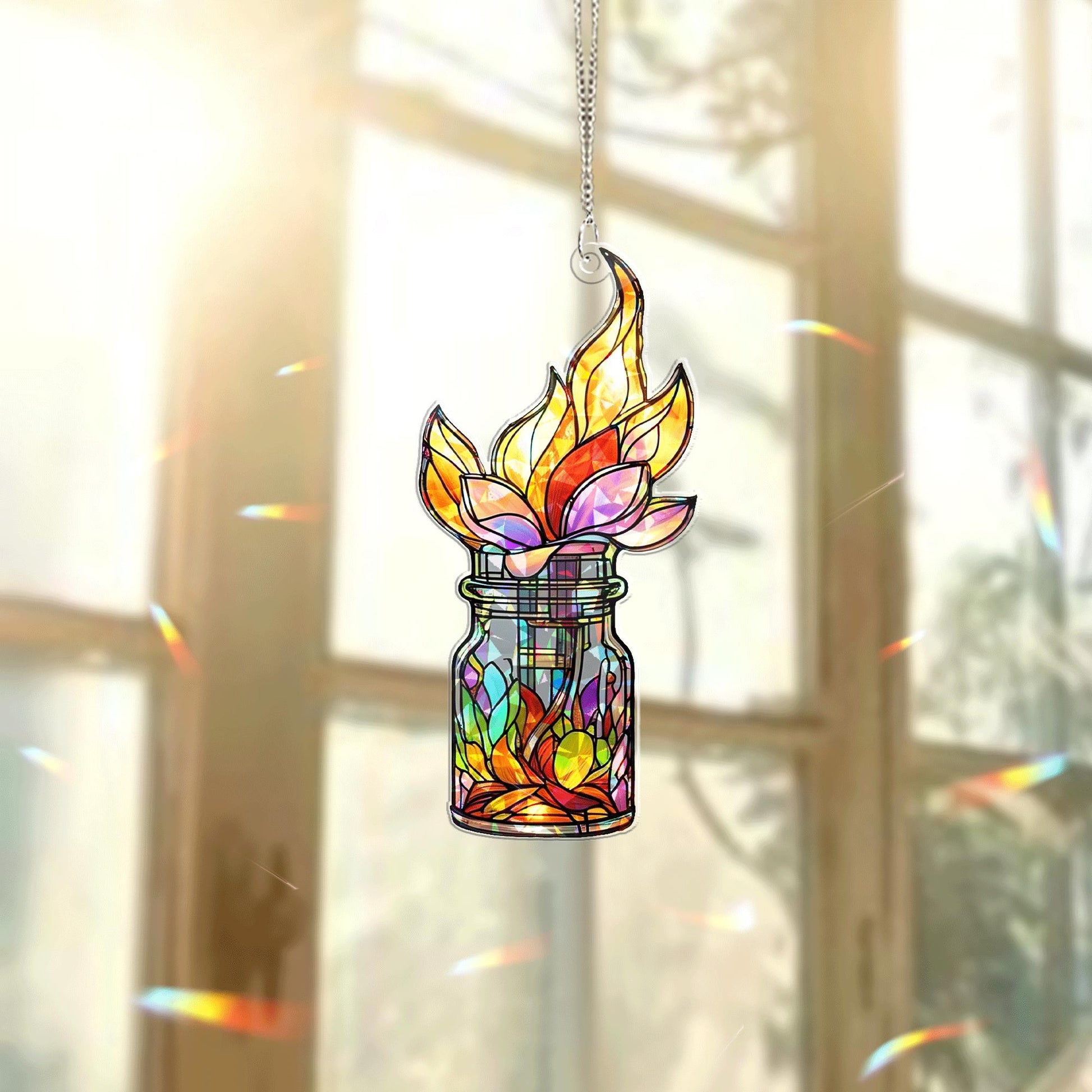 Colorful Flame Flower Jar Hologram Acrylic Window Hanging – Boho Plant Decor, Unique Nature Lover Gift, Lotus Lover Gift
