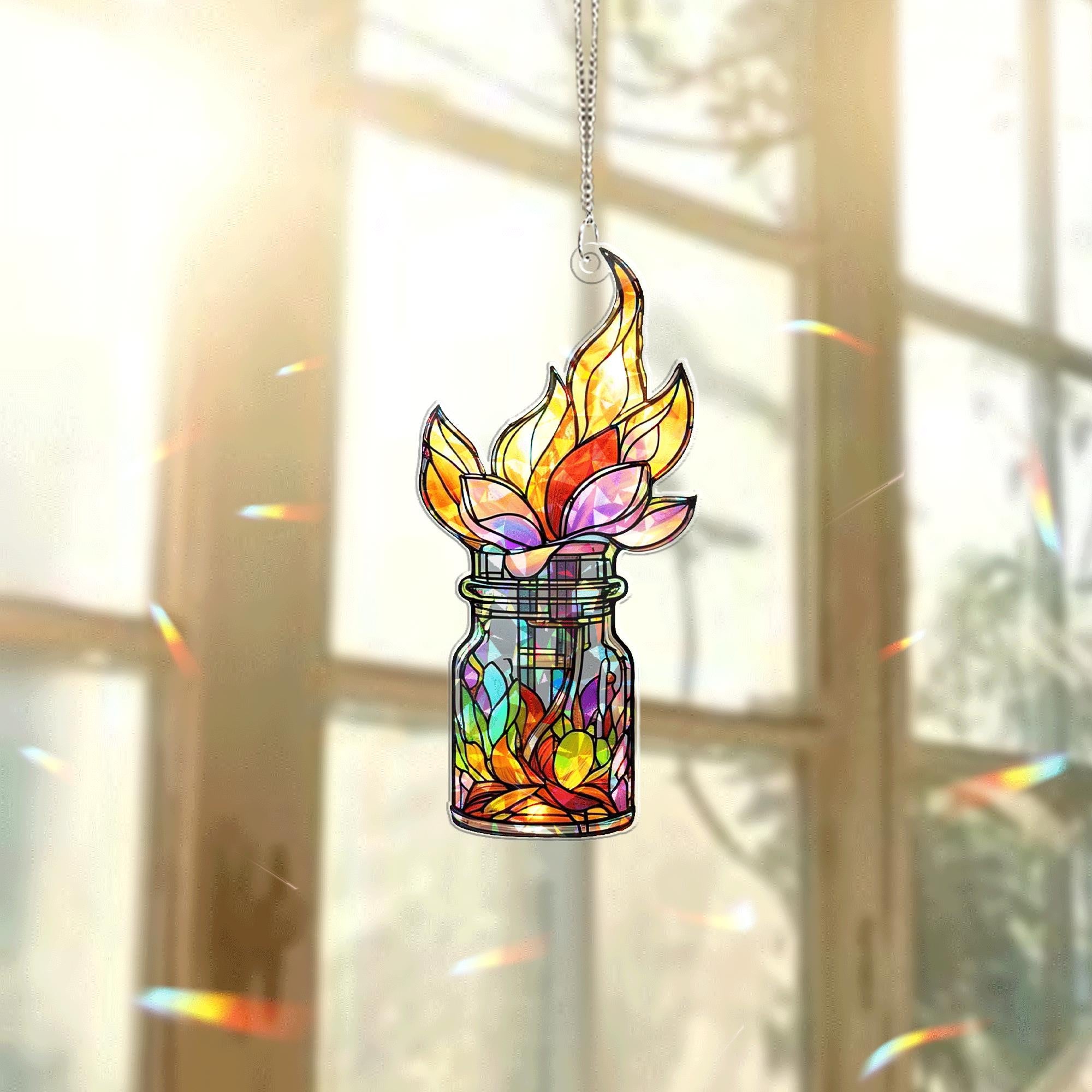 Colorful Flame Flower Jar Hologram Acrylic Window Hanging – Boho Plant Decor, Unique Nature Lover Gift, Lotus Lover Gift
