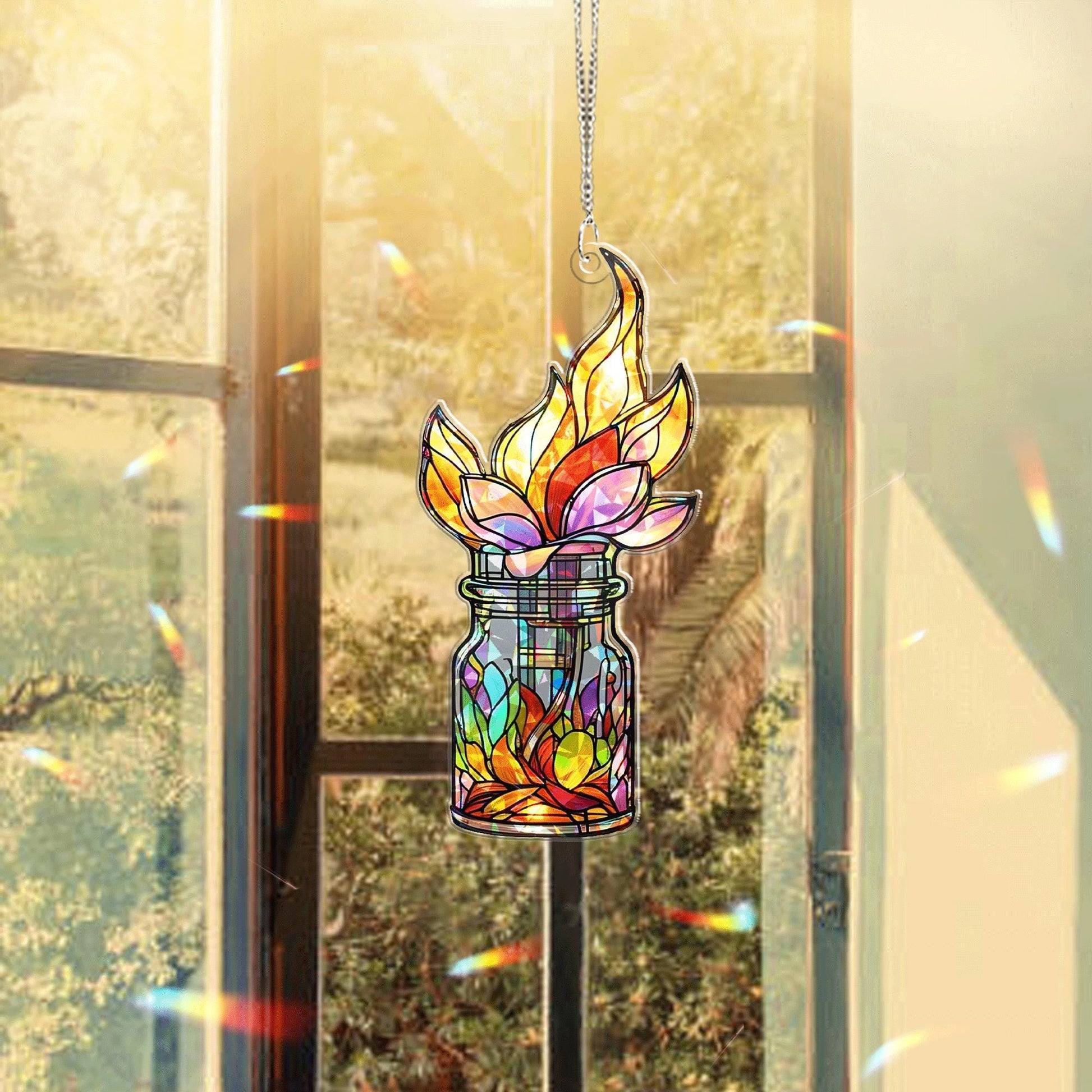 Colorful Flame Flower Jar Hologram Acrylic Window Hanging – Boho Plant Decor, Unique Nature Lover Gift, Lotus Lover Gift