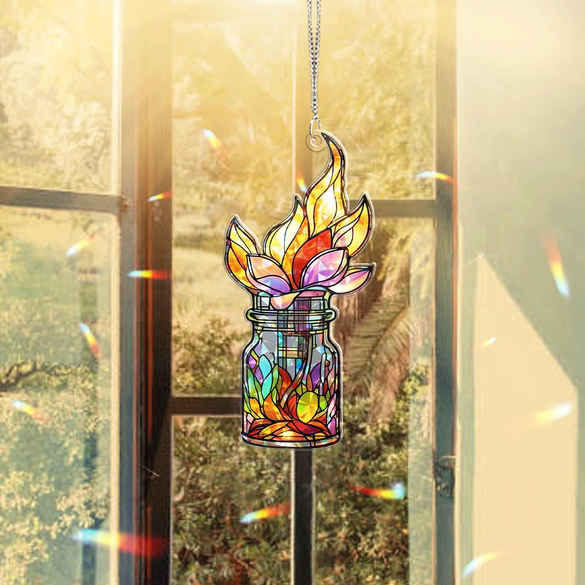 Colorful Flame Flower Jar Hologram Acrylic Window Hanging – Boho Plant Decor, Unique Nature Lover Gift, Lotus Lover Gift