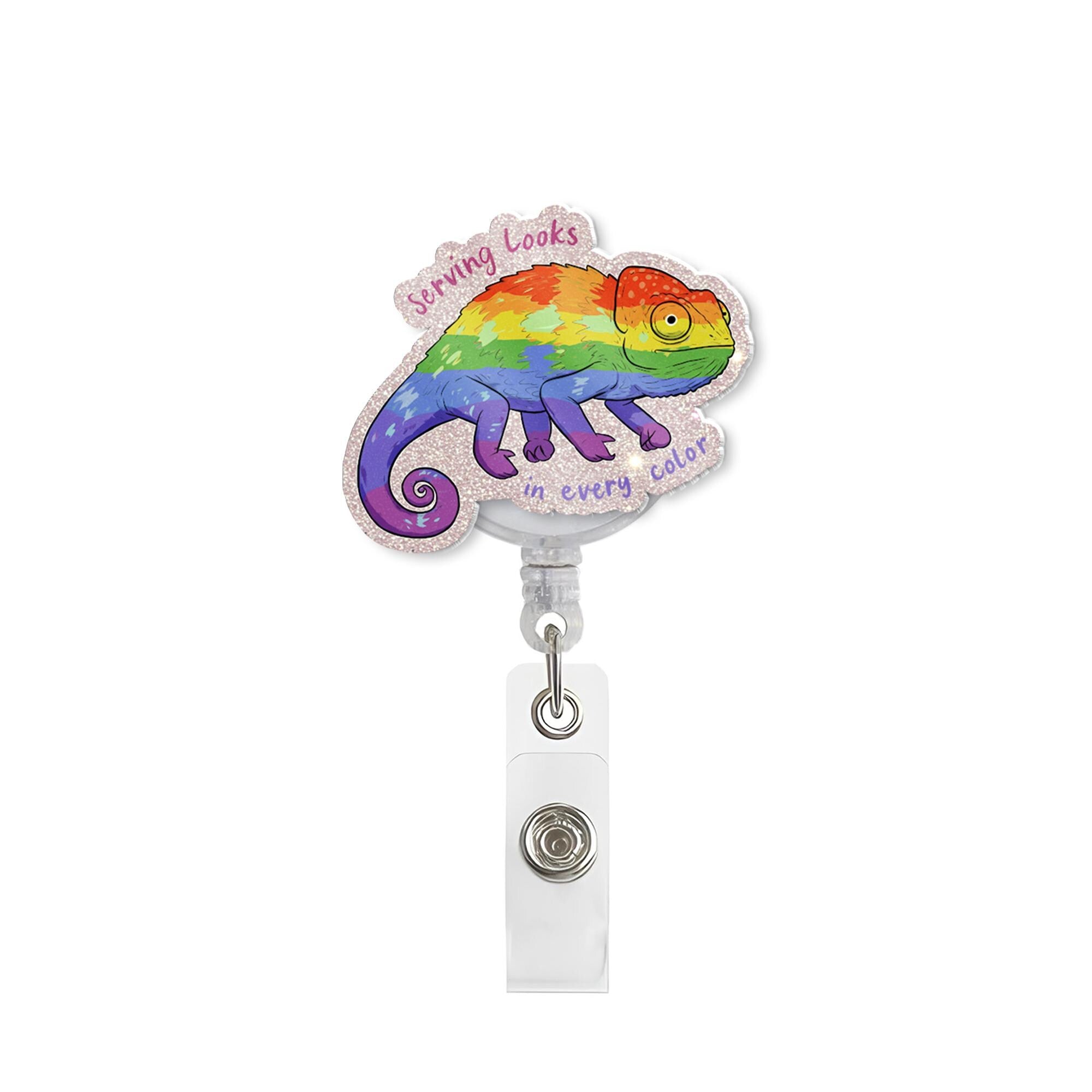 Rainbow Chameleon Badge Reel, LGBTQ Pride ID Holder, Funny Colorful Badge Clip, Cute Nurse Gift, Serving Looks Lanyard Accessory