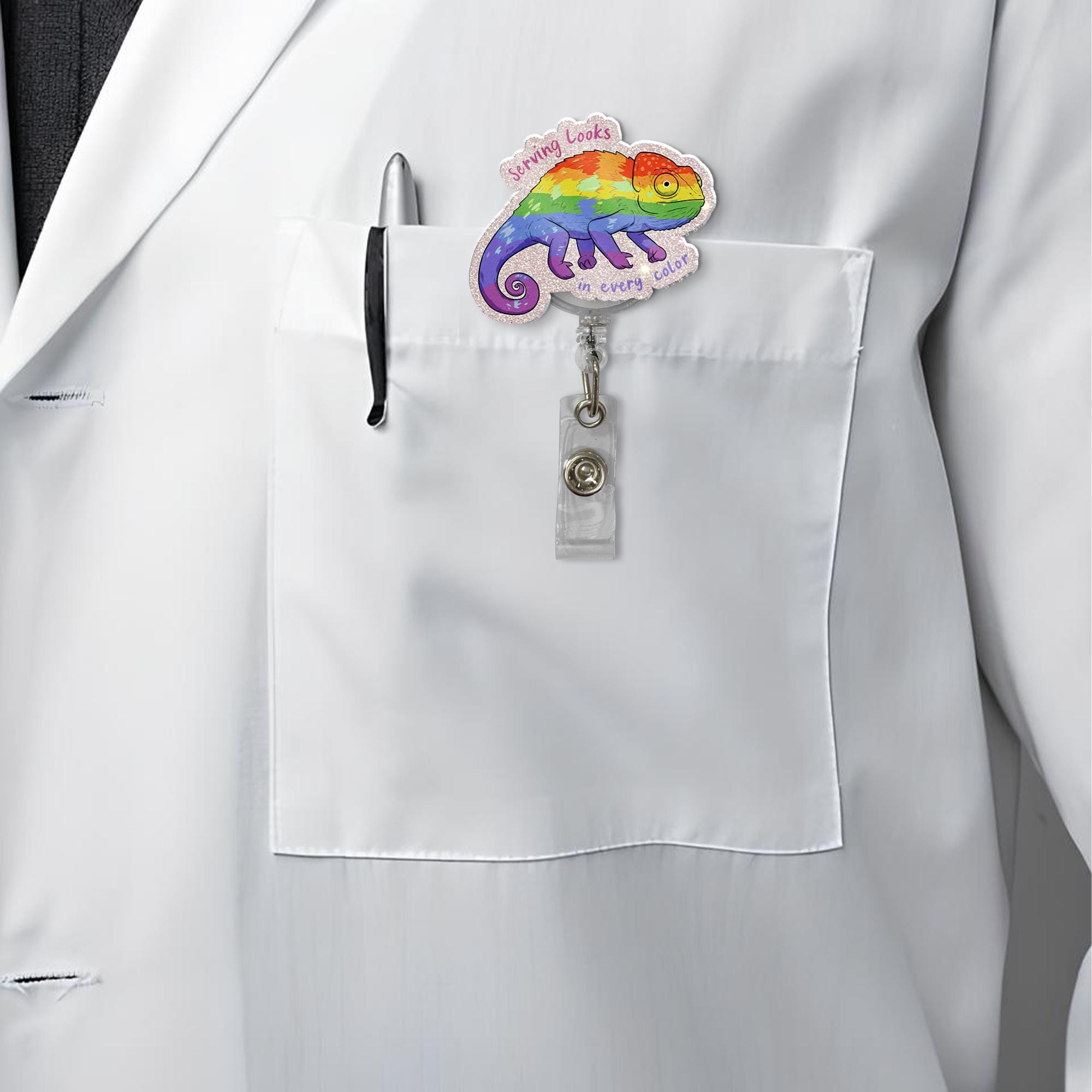 Rainbow Chameleon Badge Reel, LGBTQ Pride ID Holder, Funny Colorful Badge Clip, Cute Nurse Gift, Serving Looks Lanyard Accessory