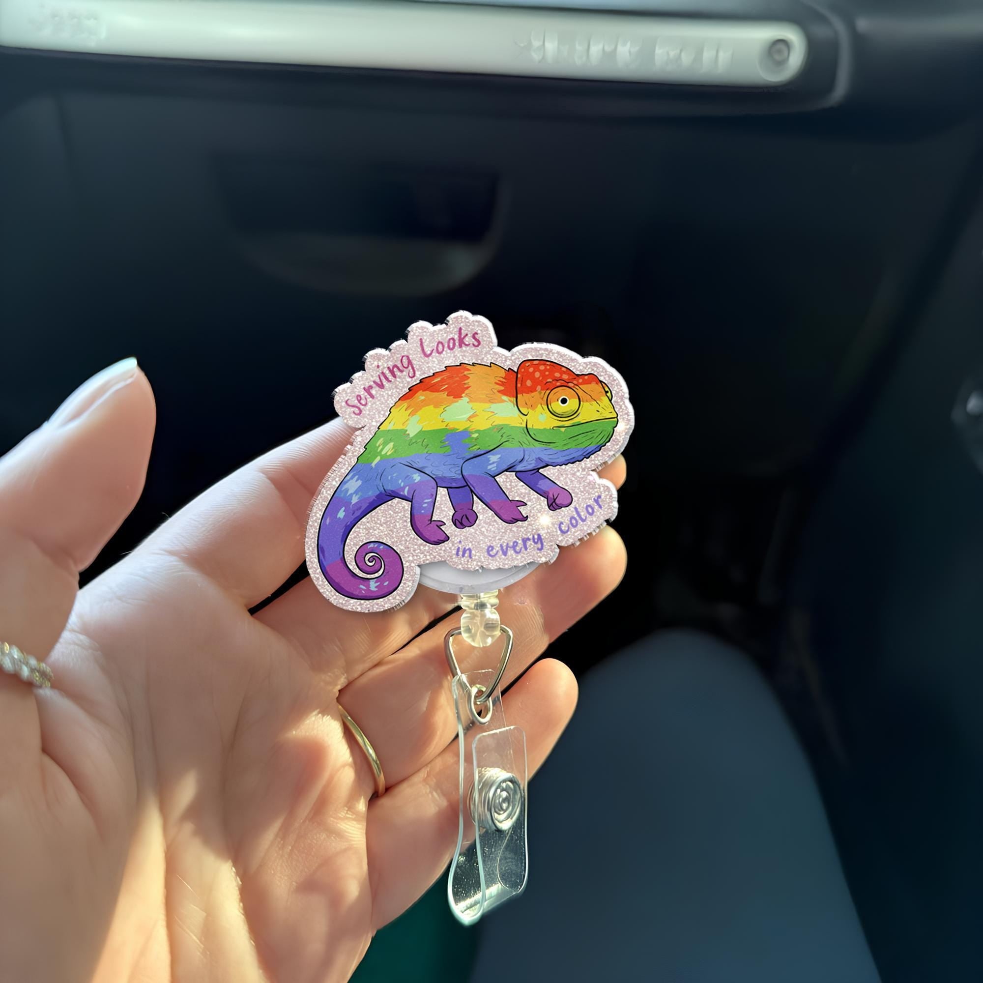 Rainbow Chameleon Badge Reel, LGBTQ Pride ID Holder, Funny Colorful Badge Clip, Cute Nurse Gift, Serving Looks Lanyard Accessory