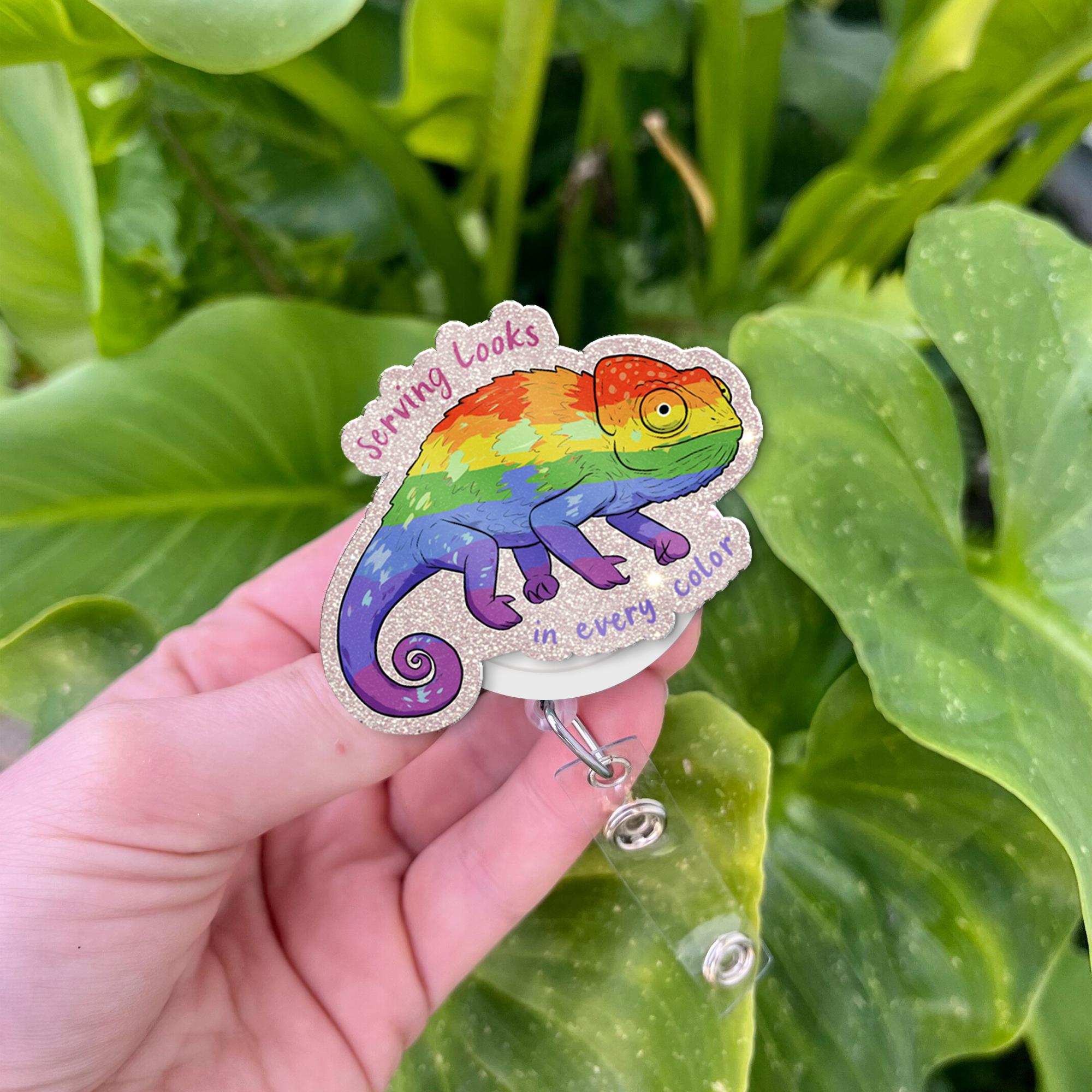 Rainbow Chameleon Badge Reel, LGBTQ Pride ID Holder, Funny Colorful Badge Clip, Cute Nurse Gift, Serving Looks Lanyard Accessory