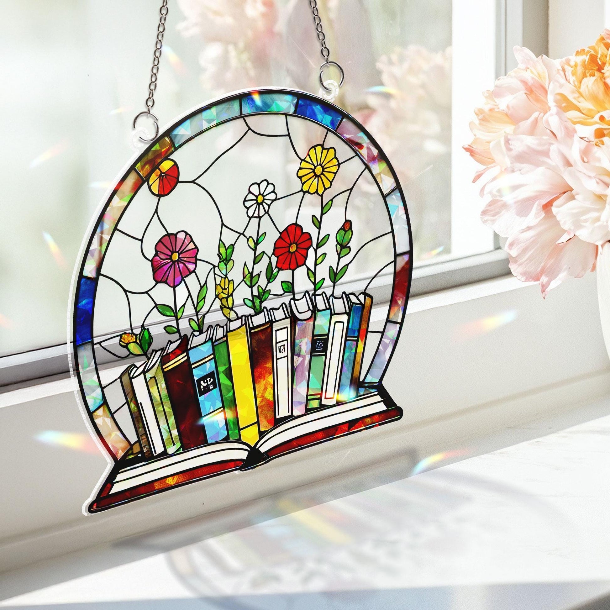 Books and Blooms Hologram Acrylic Window Hanging – Floral Library Decor, Book Lover Gift, Colorful Holographic Hanging for Reading Nooks