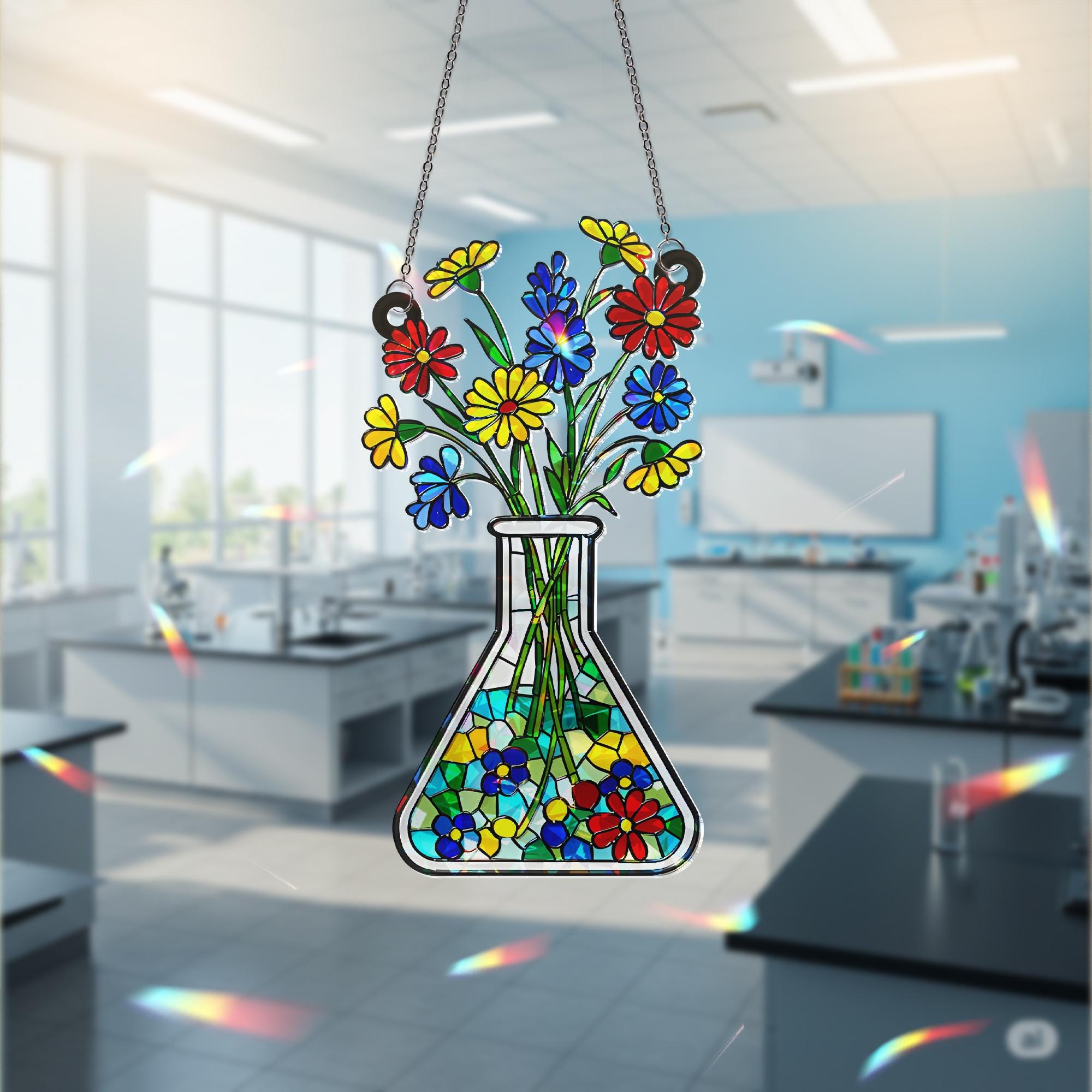 Floral Beaker Holographic Acrylic Suncatcher, Science Teacher Gift, Unique Teacher Present, Science Flower Art Decor, Lab Gift for Botanist