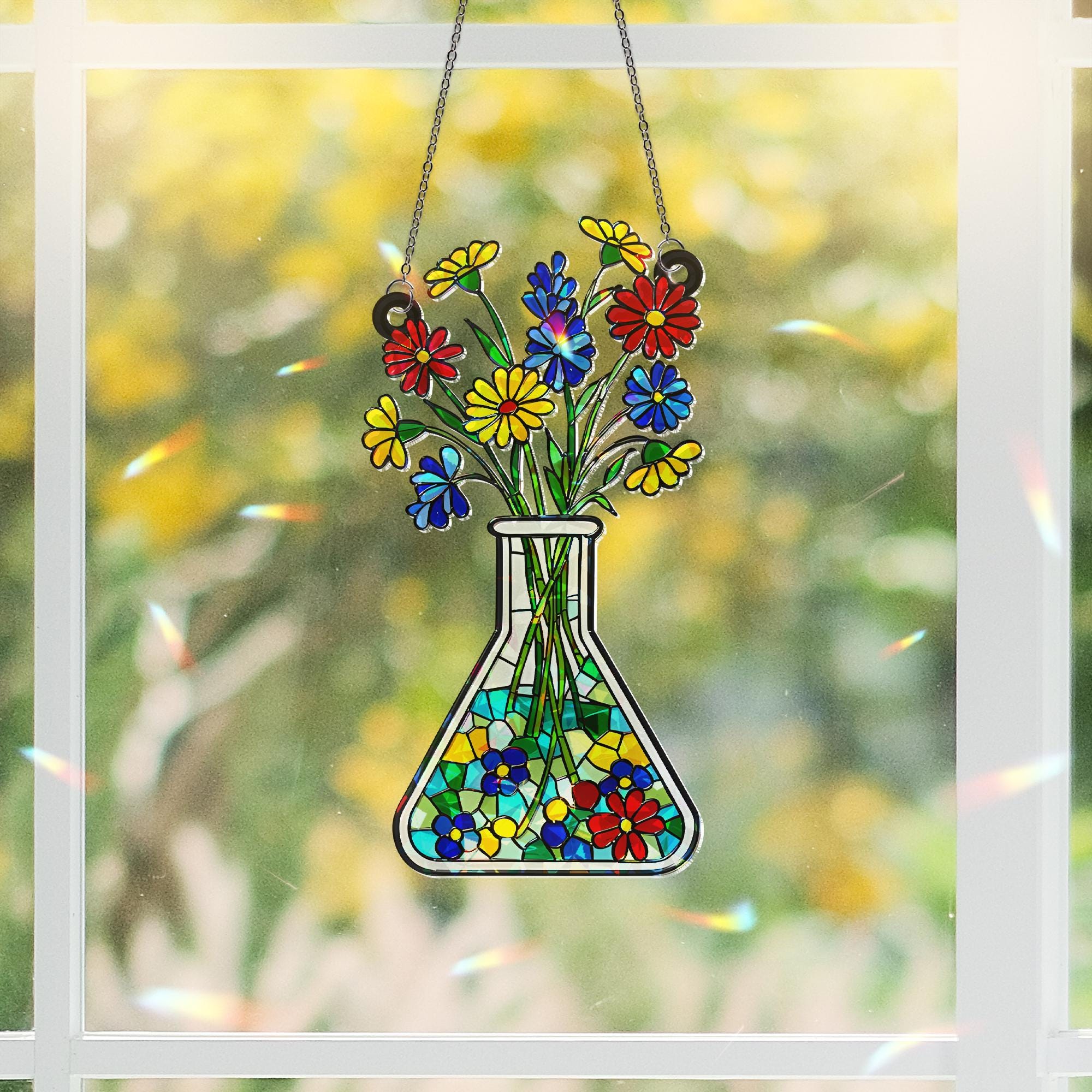 Floral Beaker Holographic Acrylic Suncatcher, Science Teacher Gift, Unique Teacher Present, Science Flower Art Decor, Lab Gift for Botanist
