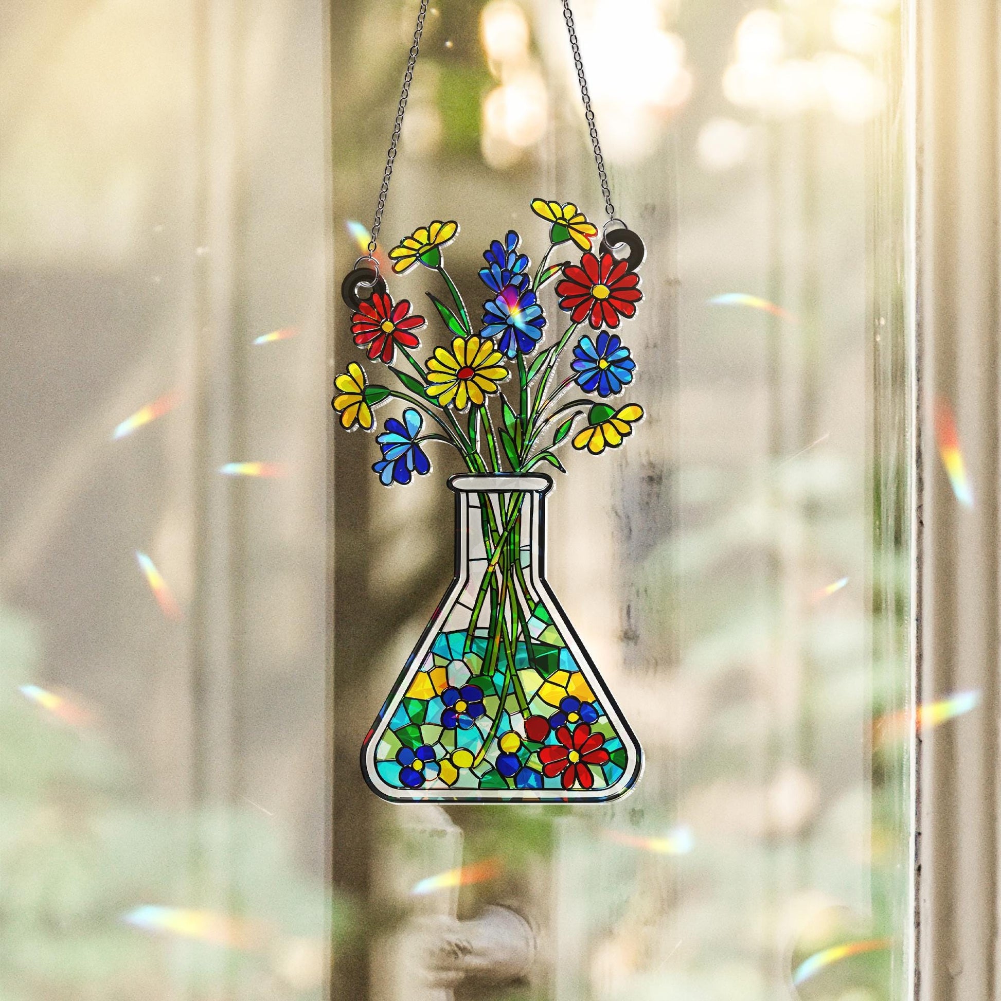 Floral Beaker Holographic Acrylic Suncatcher, Science Teacher Gift, Unique Teacher Present, Science Flower Art Decor, Lab Gift for Botanist