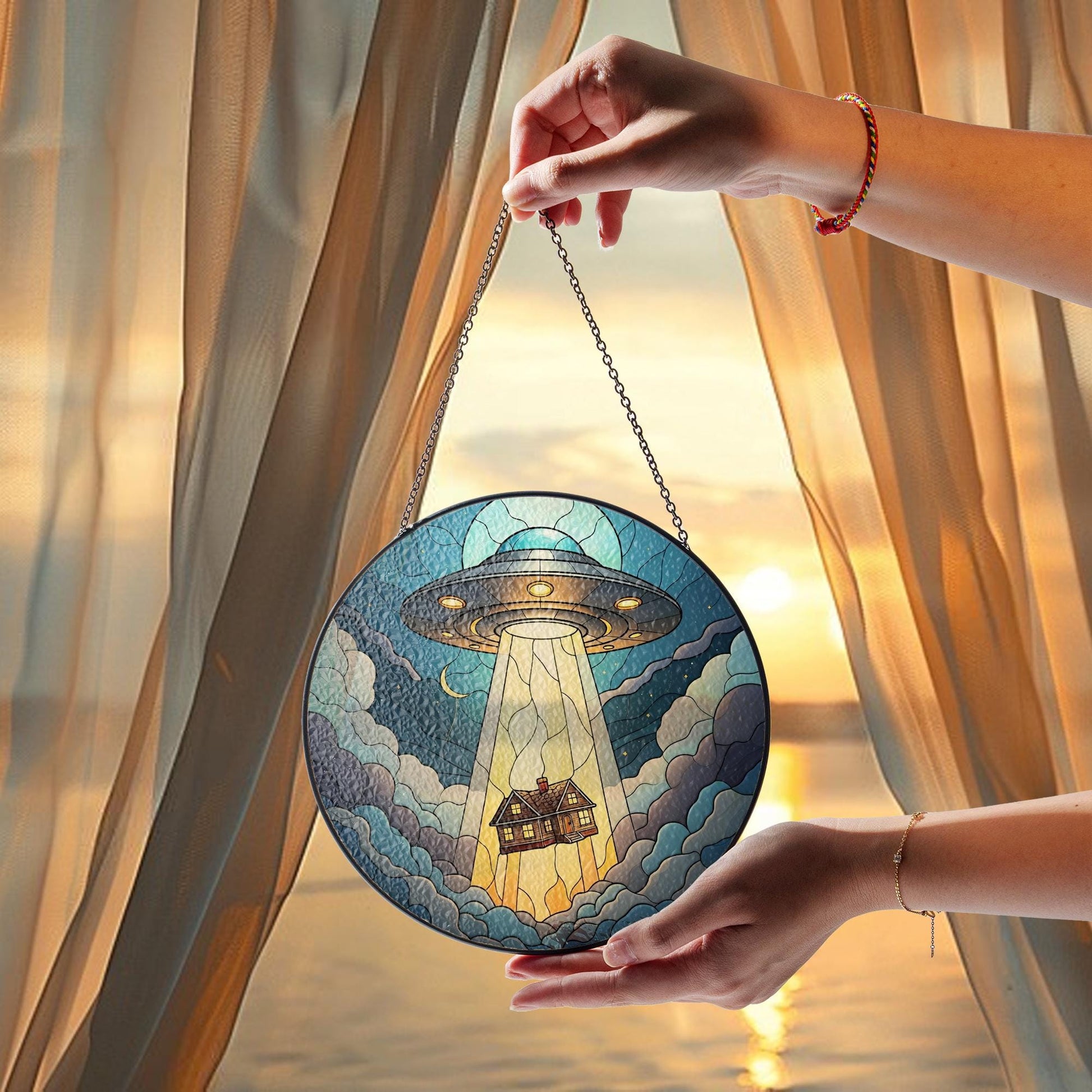 Funny UFO Abducted House Glass Suncatcher – Whimsical Home Decor – Mother's Day Gift – Quirky Window Hanging for Alien Lovers