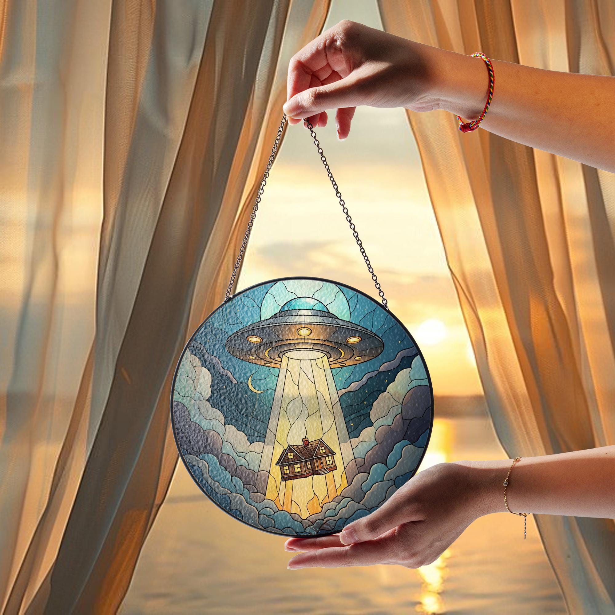Funny UFO Abducted House Glass Suncatcher – Whimsical Home Decor – Mother's Day Gift – Quirky Window Hanging for Alien Lovers