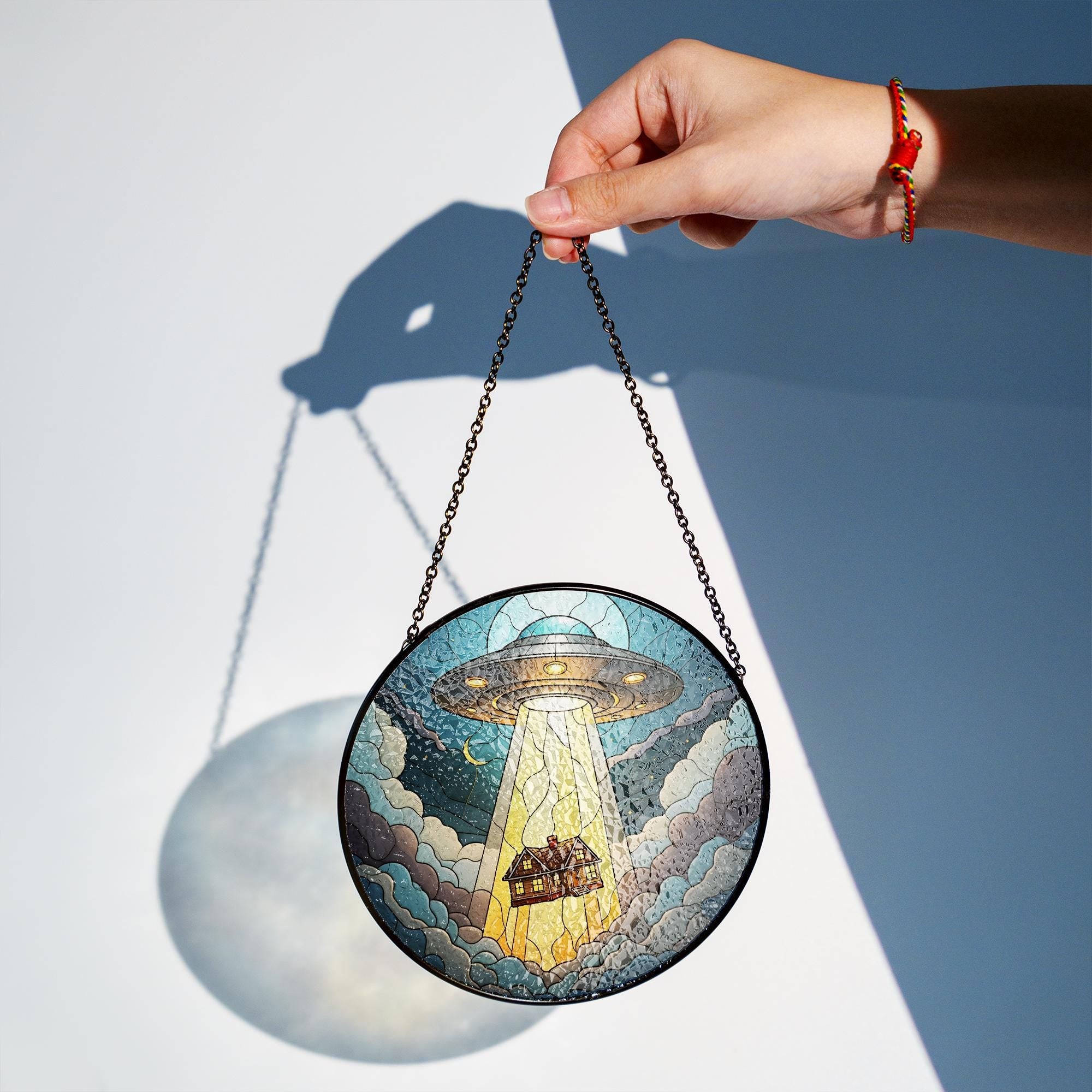 Funny UFO Abducted House Glass Suncatcher – Whimsical Home Decor – Mother's Day Gift – Quirky Window Hanging for Alien Lovers