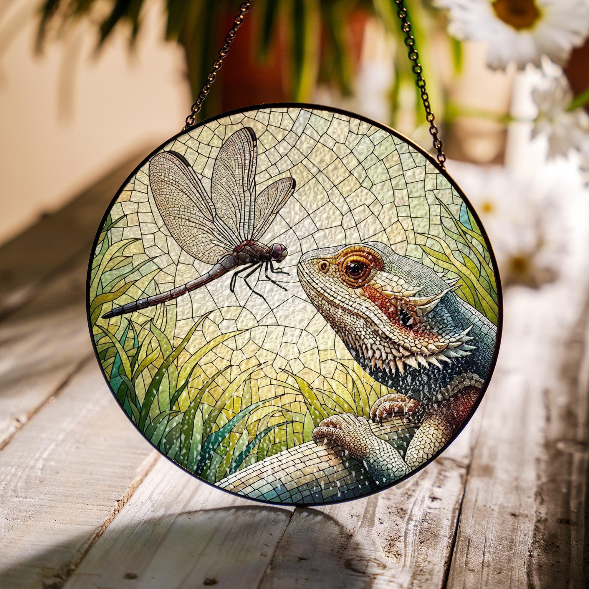 Bearded Dragon & Dragonfly Glass Suncatcher – Unique Reptile Decor – Perfect Mother's Day Gift – Nature-Inspired Window Art
