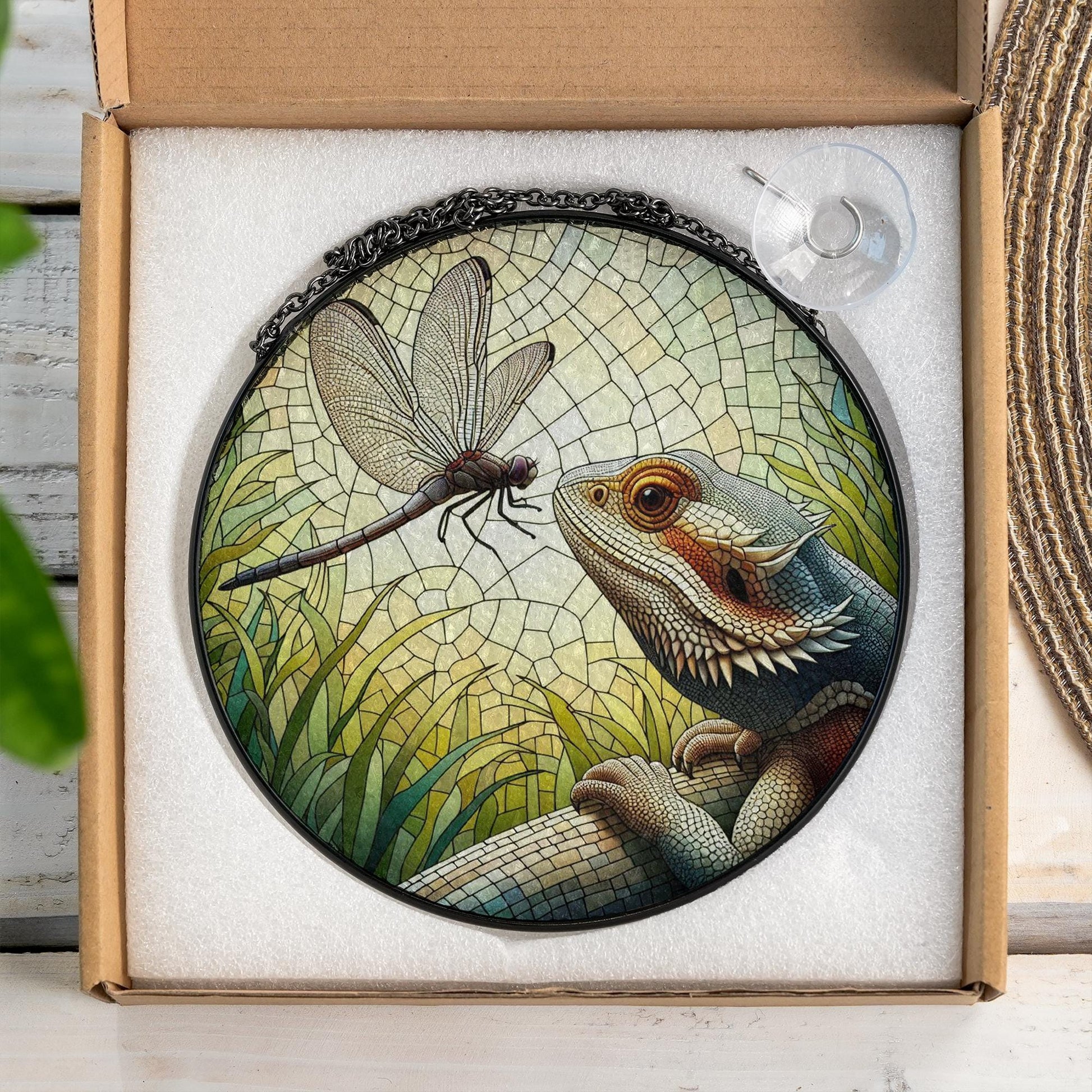 Bearded Dragon & Dragonfly Glass Suncatcher – Unique Reptile Decor – Perfect Mother's Day Gift – Nature-Inspired Window Art